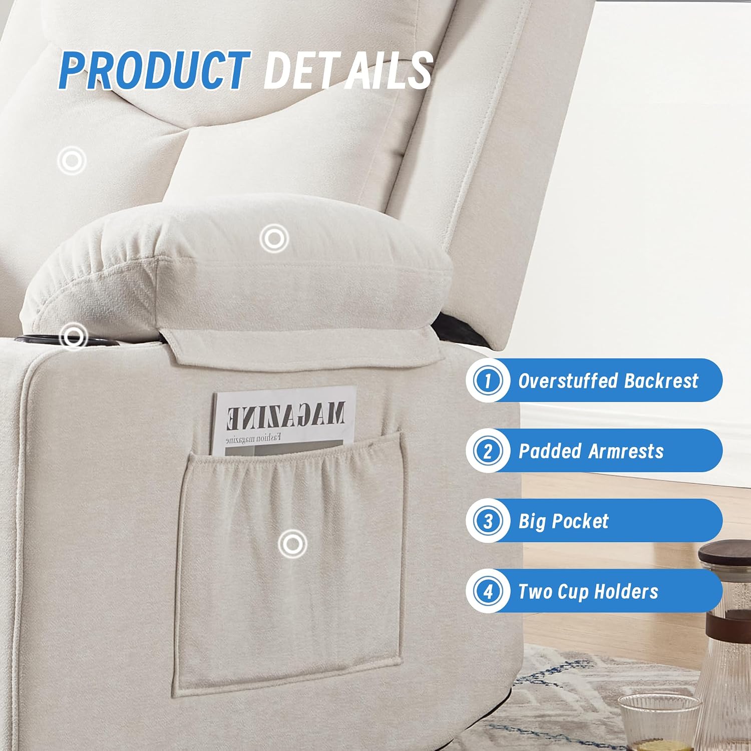 Manual Rocker Recliner Chair for Adults with Vibration Massage,Glider Rocking Recliner for Living Room Bedroom Nursery, Overstuffed Reclining Sofa Chair with Pockets and Cup Holds,Beige