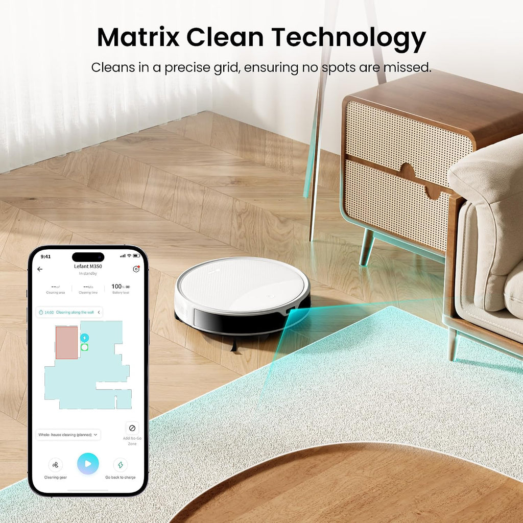 Lefant M350 Robot Vacuum and Mop Combo, 75-Day Self-Emptying, 190° PSD Obstacle Avoidance,6000Pa Suction，Quiet,Smart Navigation,Self-Charging, for Hard Floor, Carpet, Pet Hair,150 Min Runtime.White