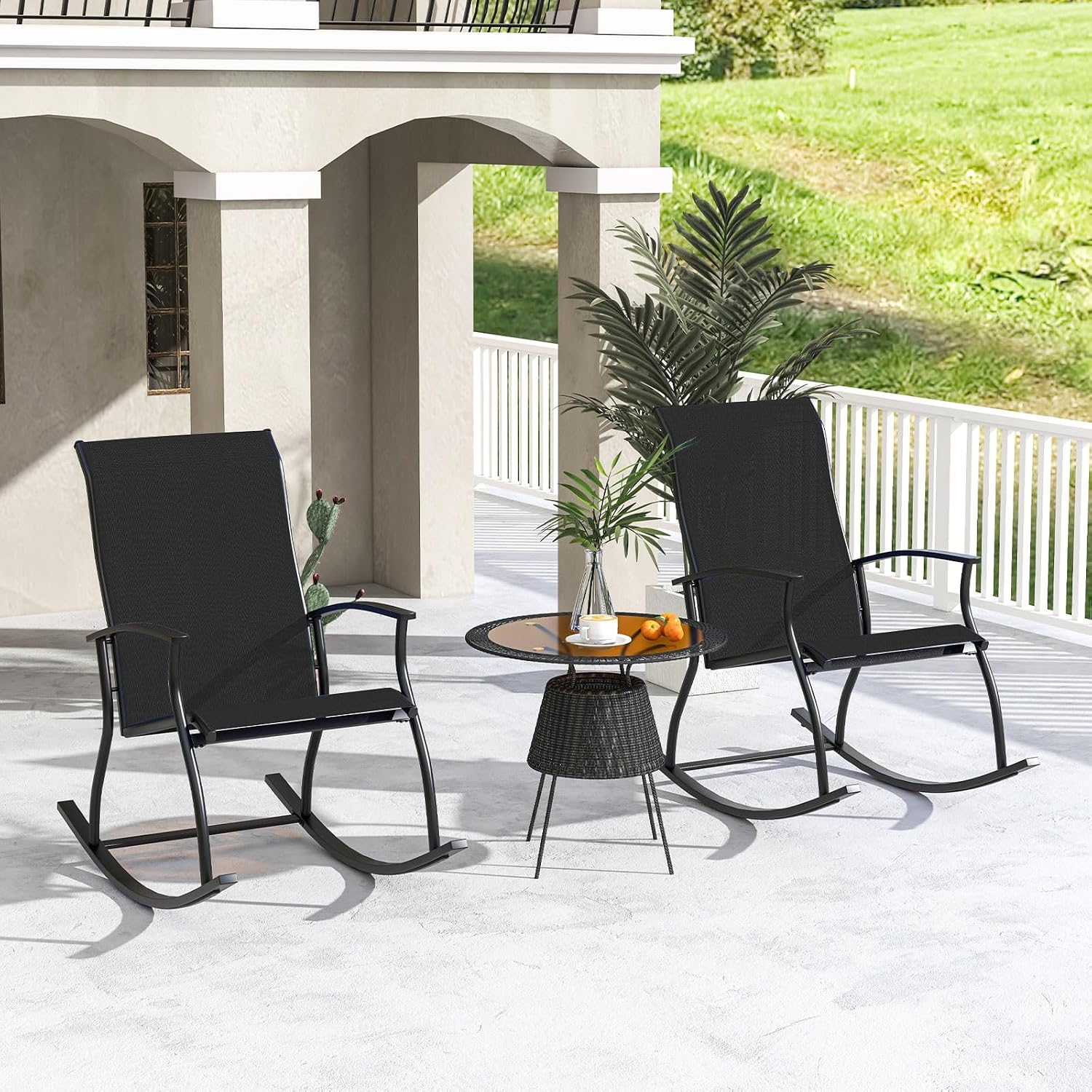 Giantex Outdoor Rocking Chair Set of 2 - Patio Rocking Chairs w/Breathable Backrest, Sturdy Metal Frame & Safe Ergonomic Design, Cozy Fabric Rocker for Backyard, Poolside, 330 lbs, Black