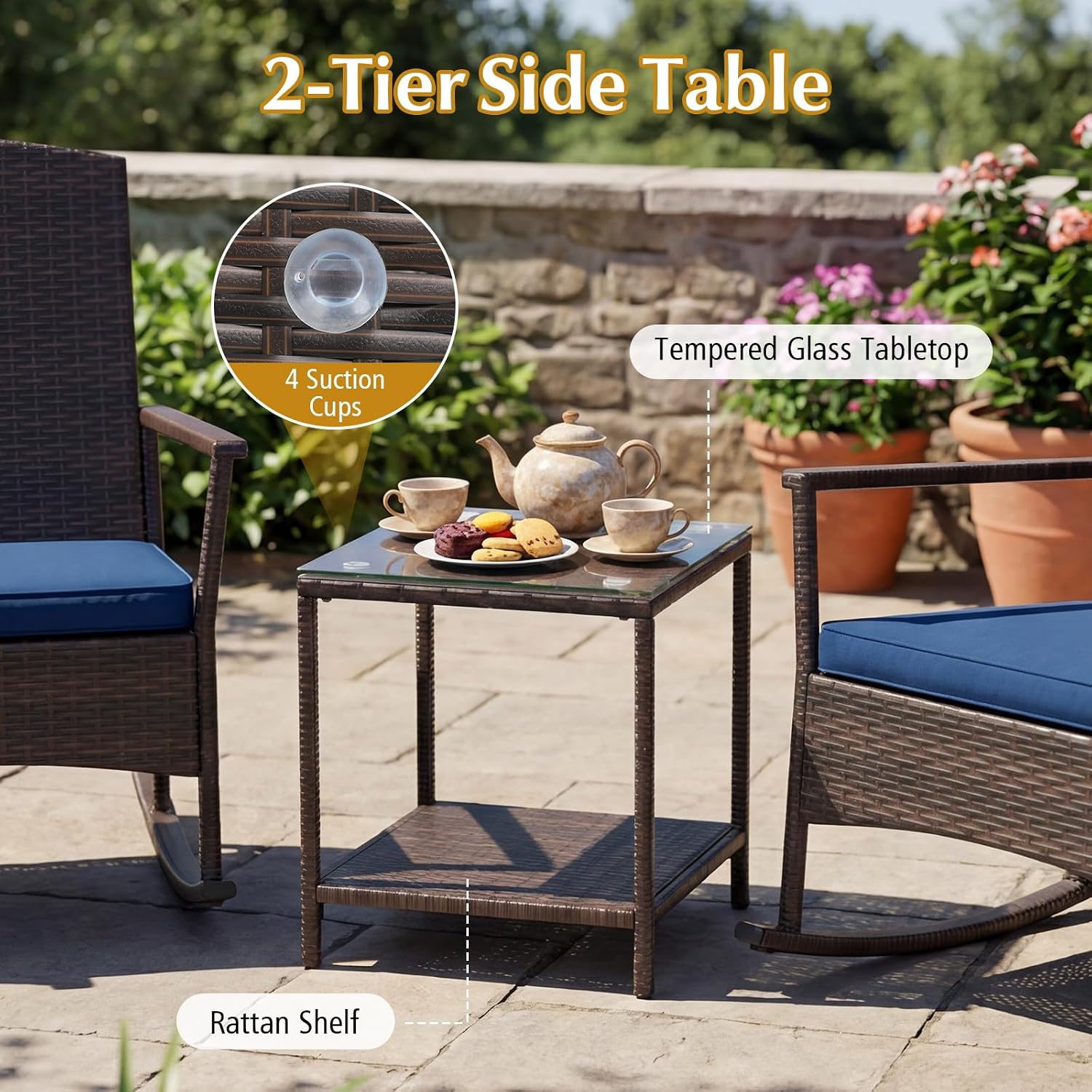 Tangkula 3 Pieces Rocking Wicker Bistro Set, Outdoor Front Porch Rocker Chairs Conversation Set with 2-Tier Tempered Glass Coffee Table and Thick Cushions for Garden, Balcony, Poolside (Navy)