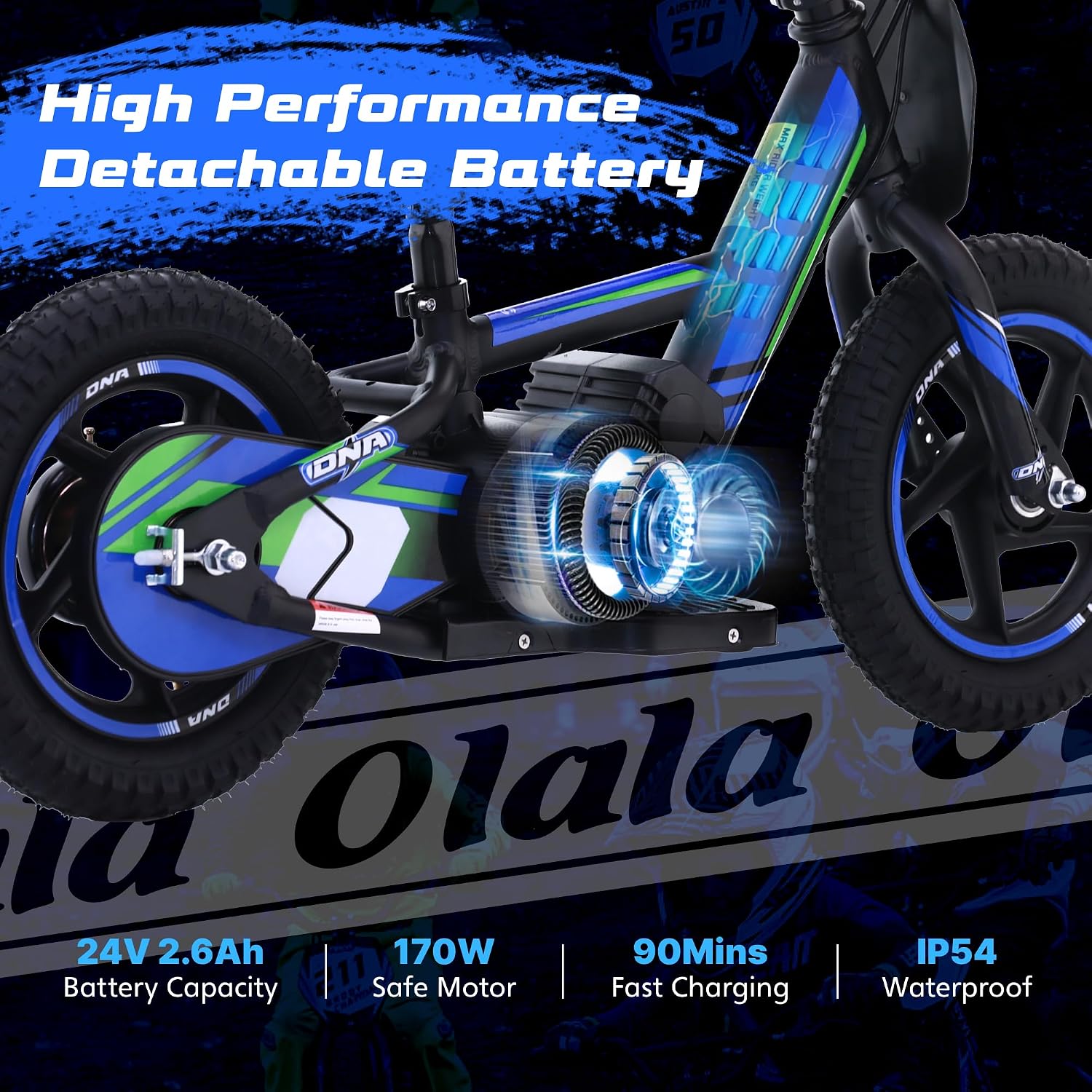 OLALA Electric Dirt Bike for Kids Aged 3-6, 170W Racing Grade Electric Motorcycle, New Aluminum Frame with 2 Power Modes, 24V Detachable Battery, 12IN Knobby Tires