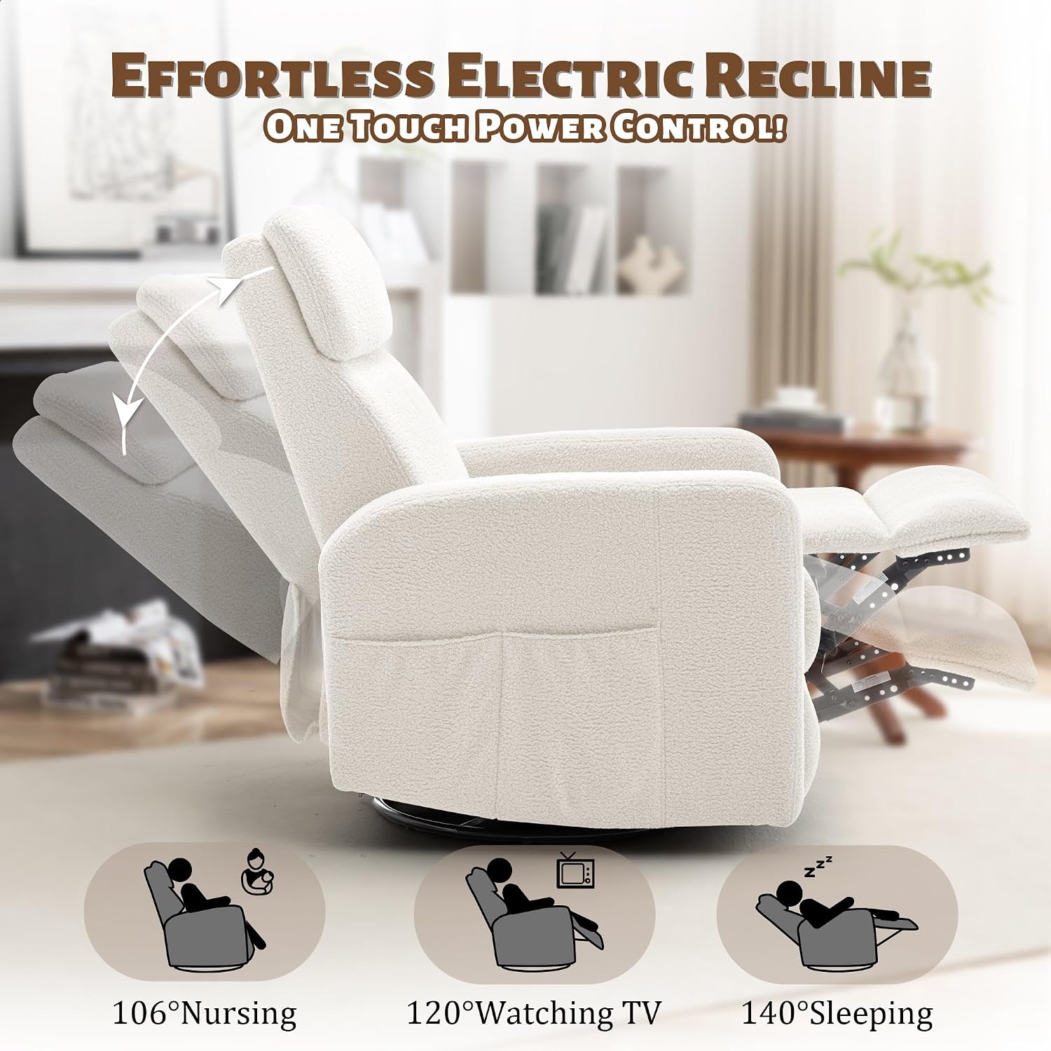 Korser Power Swivel Recliner Chairs for Adults, Electric Glider Rocking Chair Nursery, Glider Recliner Nursery Chair with Classified Side Pocket, Nursery Rocking Chairs with USB and Type-C Ports