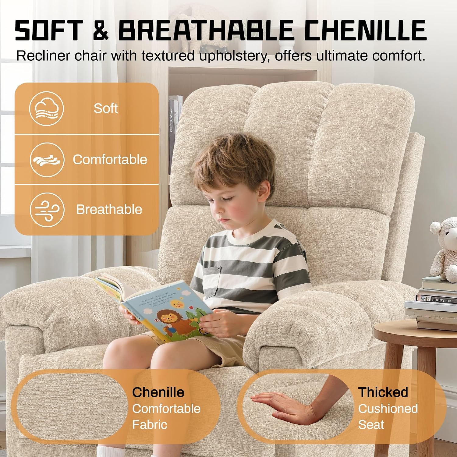 Korser Recliner Chair, Small Rocker Recliner Chair for Adults, Swivel Recliners for Small Spaces, Manual Recliner, Upholstered Nursery Rocking Chair for Living Room, Chenille, Khaki
