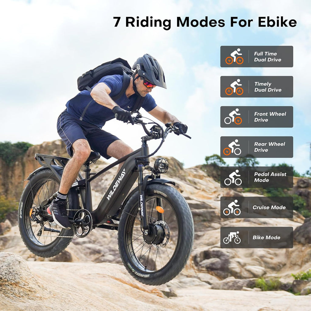 Wildeway 2600W Dual Motor Electric Bike for Adults 48V 30AH Removable Battery 32MPH 26' Terrain Fat Tire 80 Miles Long Rang Mountain Bike Full Suspension with Hydraulic Disc Brake Bicycle