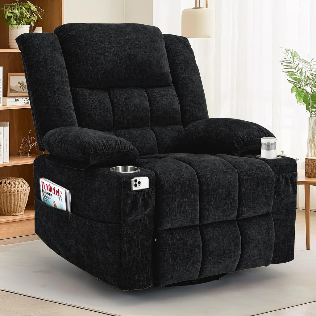 Korser Adult 360° Rotating Recliner with Massage and Heating Functions, Cup Holder and Manual Tilt Mechanism, Suitable for Living Room and Bedroom (Fabric, Black)