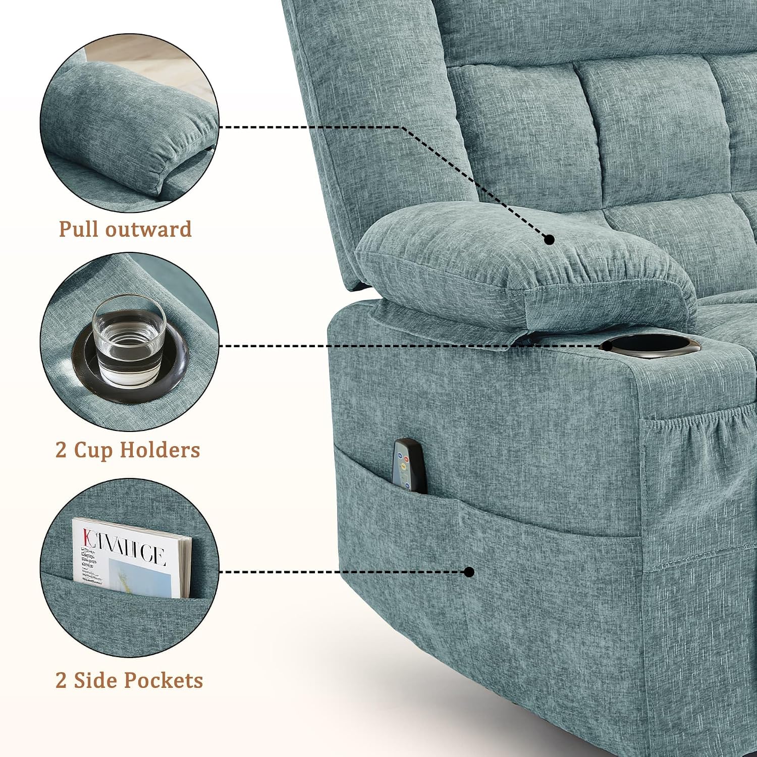 Korser Adult 360° Swivel Rocking Recliner, Nursery Rocking Chair with Massage and Heating Function, Cup Holder, Manually Adjustable Seat for Living Room and Bedroom (Fabric, Lake Blue)