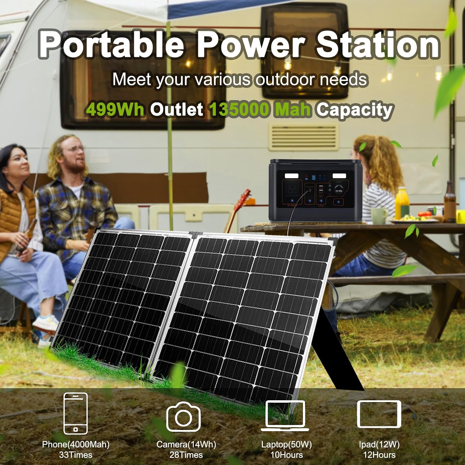 Geloo 500W Portable Solar Generator with 110V/500W AC Outlet, 135000mAh Capacity, 499Wh, Black