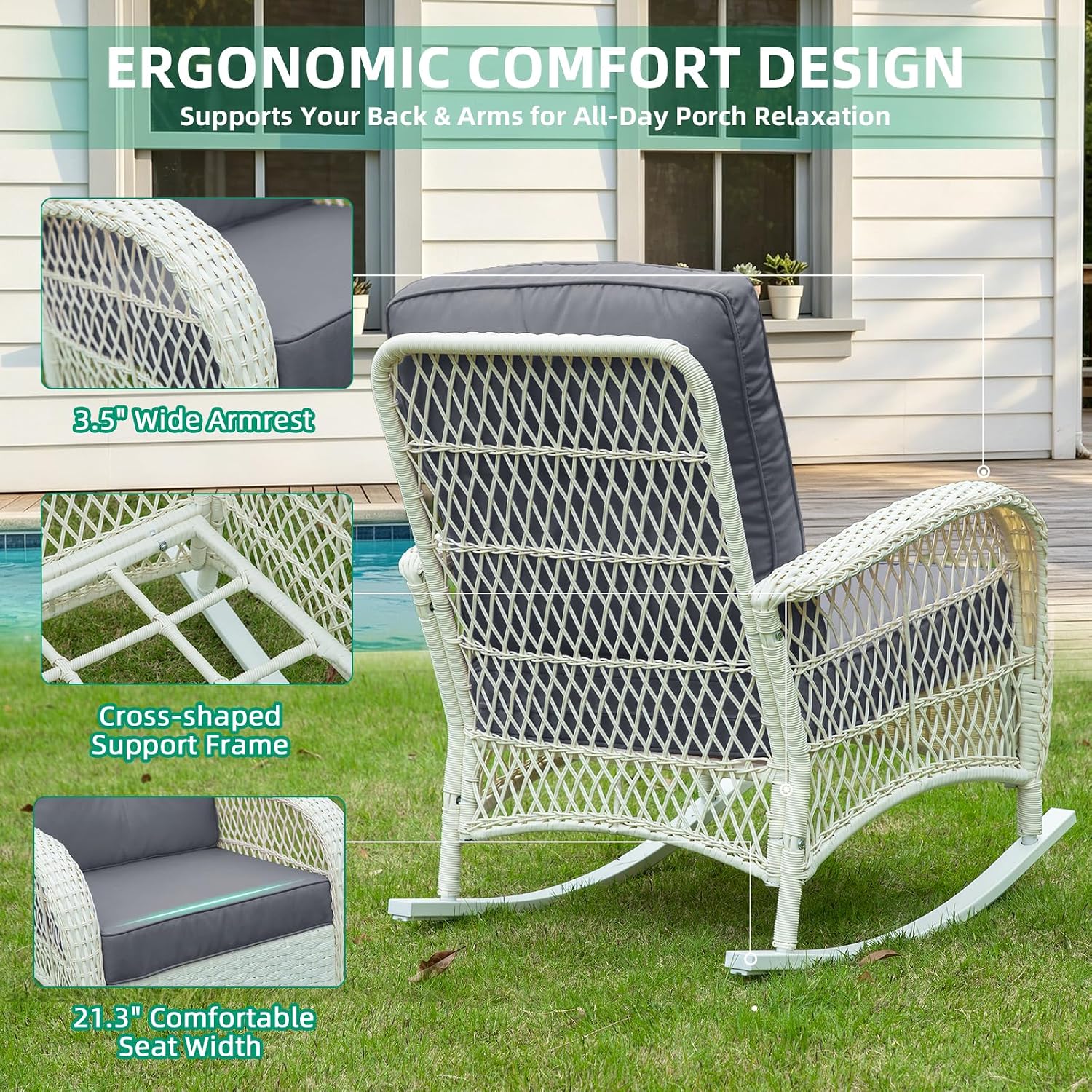 VIVIJASON Outdoor Wicker Rocking Chair, Patio Rattan Rocker Chair with Cushions & Steel Frame, All-Weather Rocking Lawn Furniture for Garden Backyard Porch, Cream White/Grey
