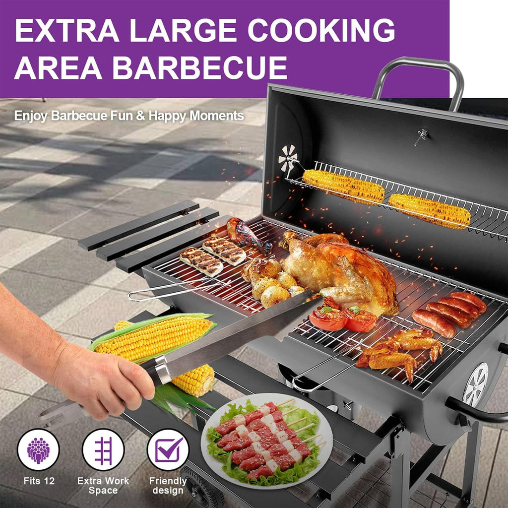 Charcoal BBQ Grill with Thermometer & Foldable Side Table, 565 sq in Cooking Space Large Charcoal Grills, Barrel Charcoal Grills for Backyards Picnic Cookouts
