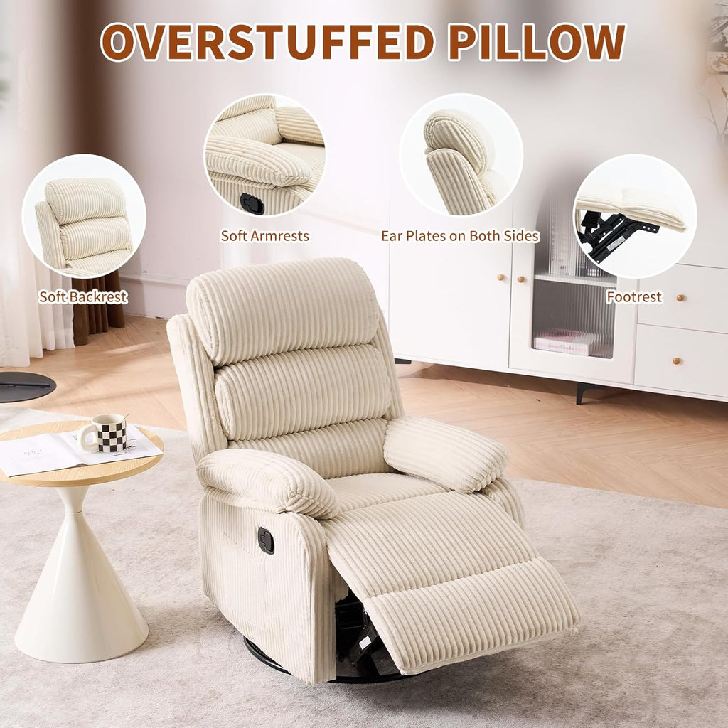 Adult 360° Rocking Recliner Chair，Nursery Rocker Reclining Chair with Side Pocket, a Comfy upholstered Single Sofa Armchair. Suitable for Living Room, Bedroom Nursing use, Velvet Fabric in Beige