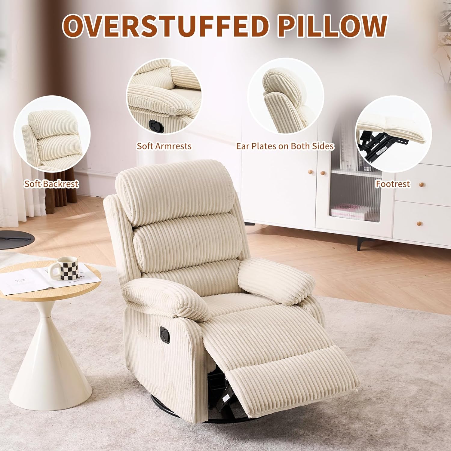 Adult 360° Rocking Recliner Chair，Nursery Rocker Reclining Chair with Side Pocket, a Comfy upholstered Single Sofa Armchair. Suitable for Living Room, Bedroom Nursing use, Velvet Fabric in Beige