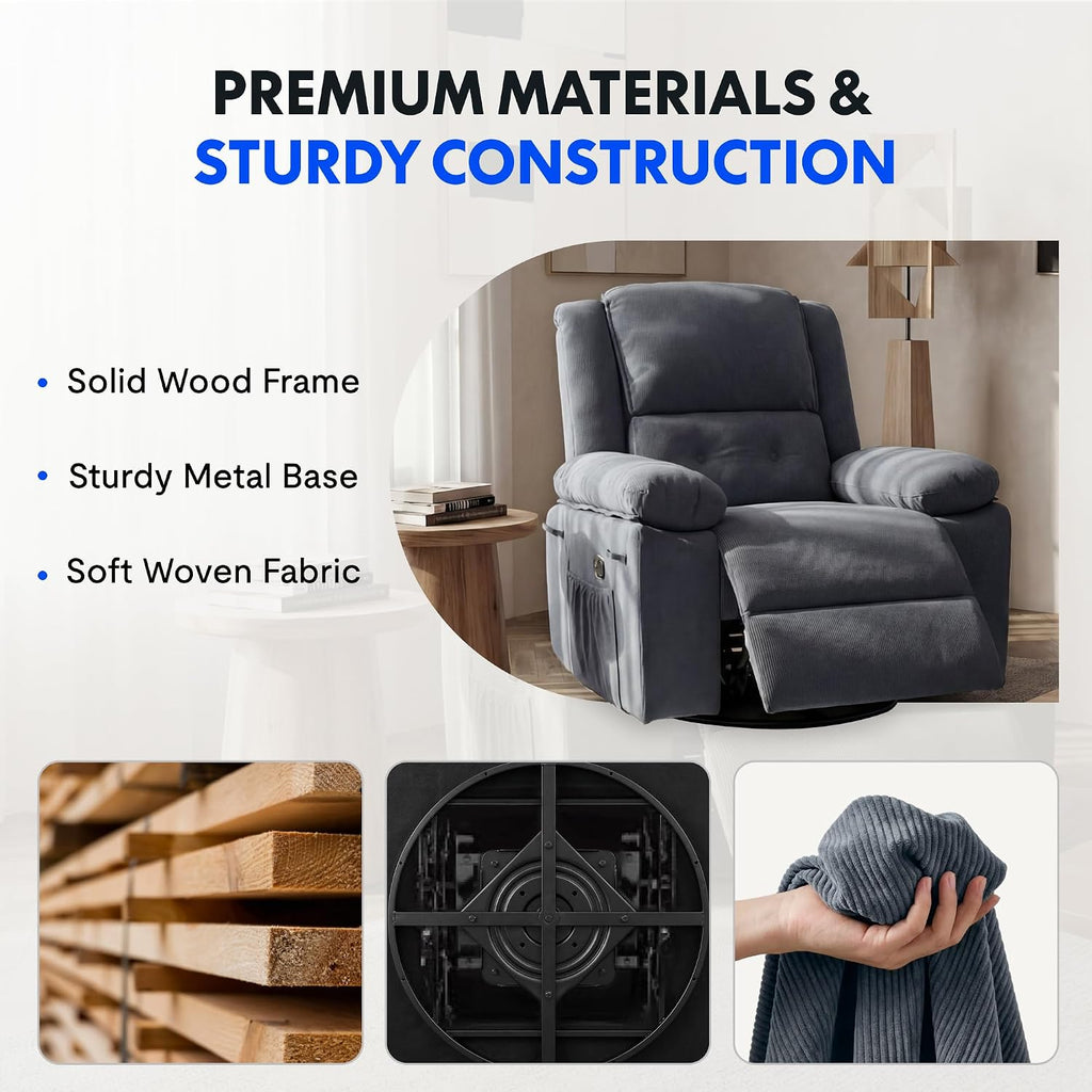 FLEXISPOT XRC2 360° Swivel Rocker Recliner for Adults, Rocking Glider Chair with Massage and Heat, Small Swivel Recliner for Living Room Bedroom Nursery, Blue Grey