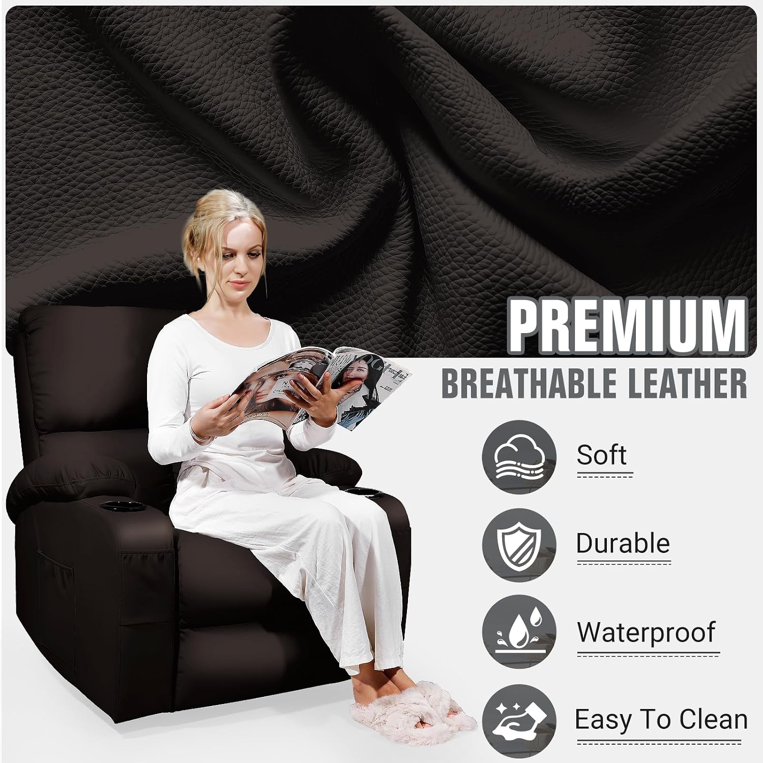 LAFWELL Rocking Recliner Chair, Massage Rocker Recliner Chair with Vibration Massage and Heat, USB and Type-C Ports,360° Swivel Faux Leather Chairs, Living Room, Bedroom, Nursery, RV, Brown