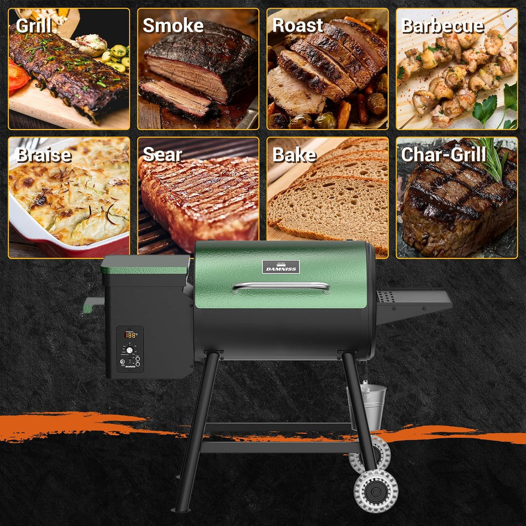 Electric Pellet Grill 456 SQ.IN Cook Area Pellet Smoker with Auto Feed & PID Controller 500°F Max Temperature 8 in 1 BBQ Grill with Meat Probe & Side Table with Hooks Perfect for Outdoor BBQ
