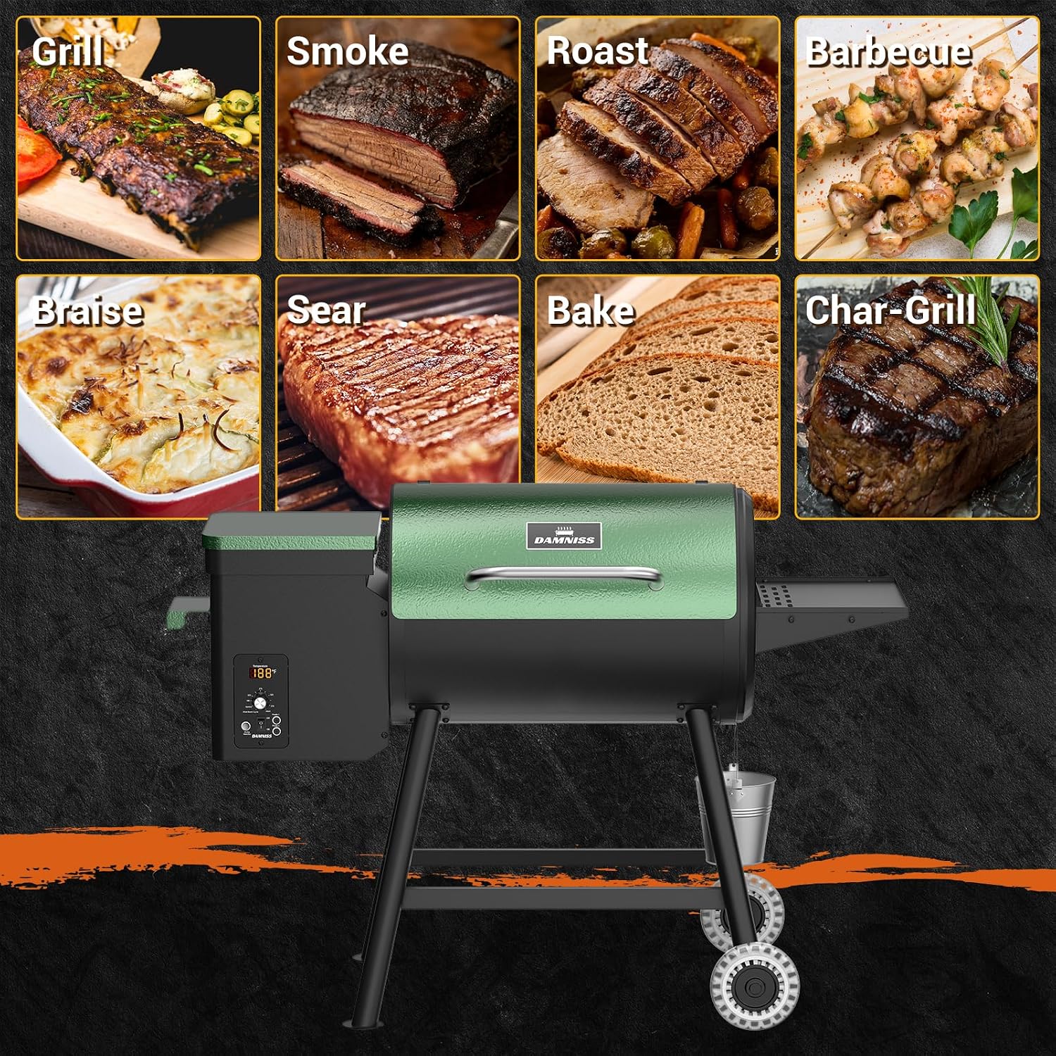 Electric Pellet Grill 456 SQ.IN Cook Area Pellet Smoker with Auto Feed & PID Controller 500°F Max Temperature 8 in 1 BBQ Grill with Meat Probe & Side Table with Hooks Perfect for Outdoor BBQ