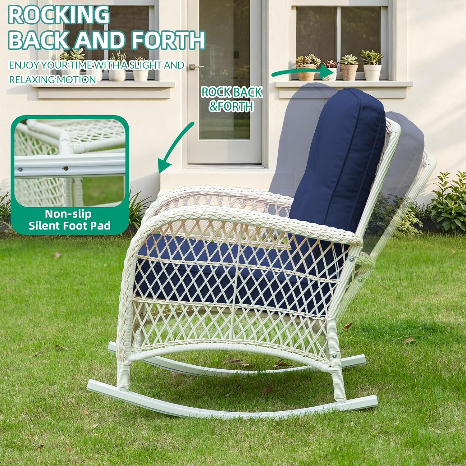 VIVIJASON Outdoor Wicker Rocking Chair, Patio Rattan Rocker Chair with Cushions & Steel Frame, All-Weather Rocking Lawn Furniture for Garden Backyard Porch, Cream White/Navy Blue