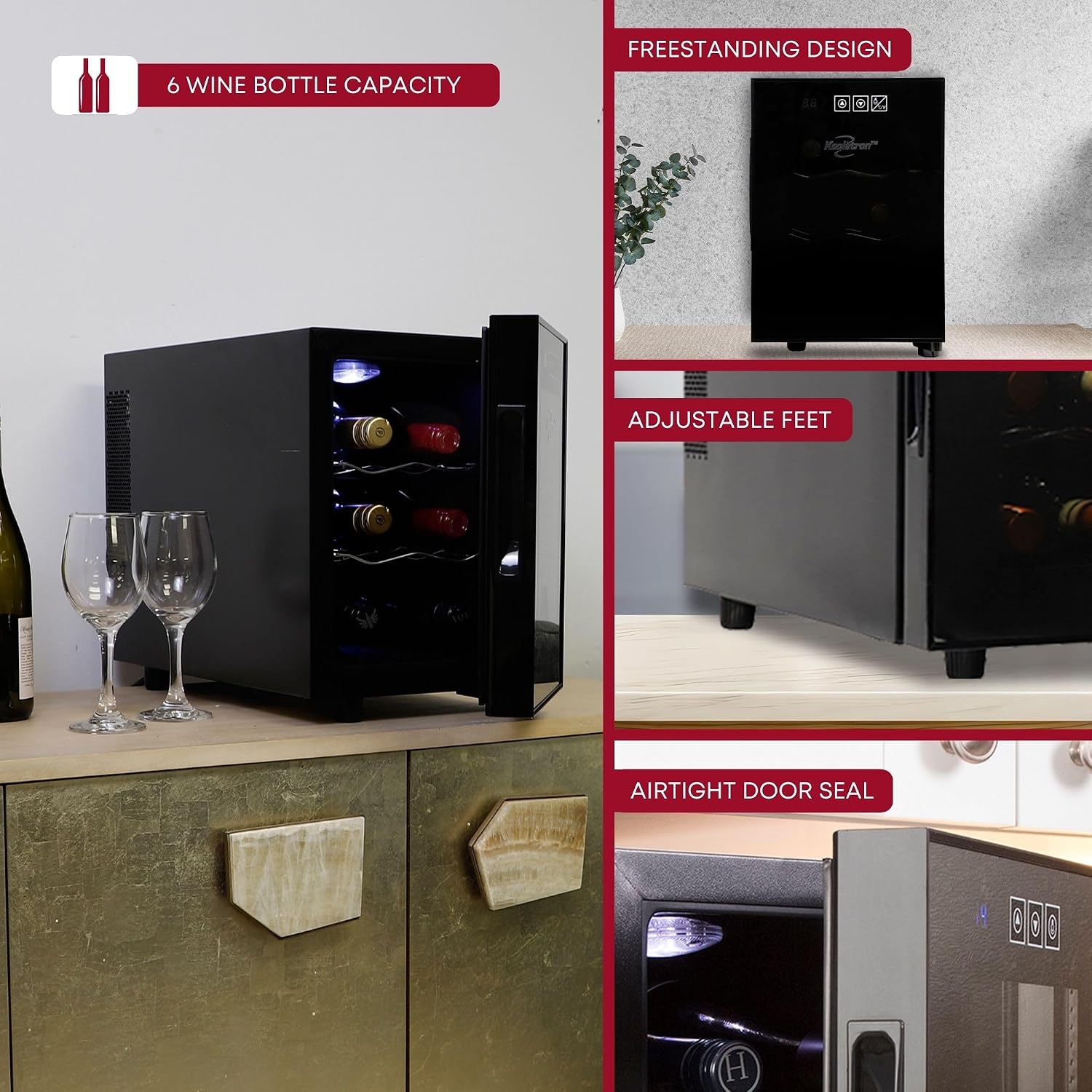 Koolatron 6 Bottle Wine Fridge – Freestanding Wine Cooler with Glass Door, 0.6 cu ft (16 L) Beverage Can Refrigerator, Digital Temperature Control, Ideal for Red, White & Sparkling Wine, Champagne