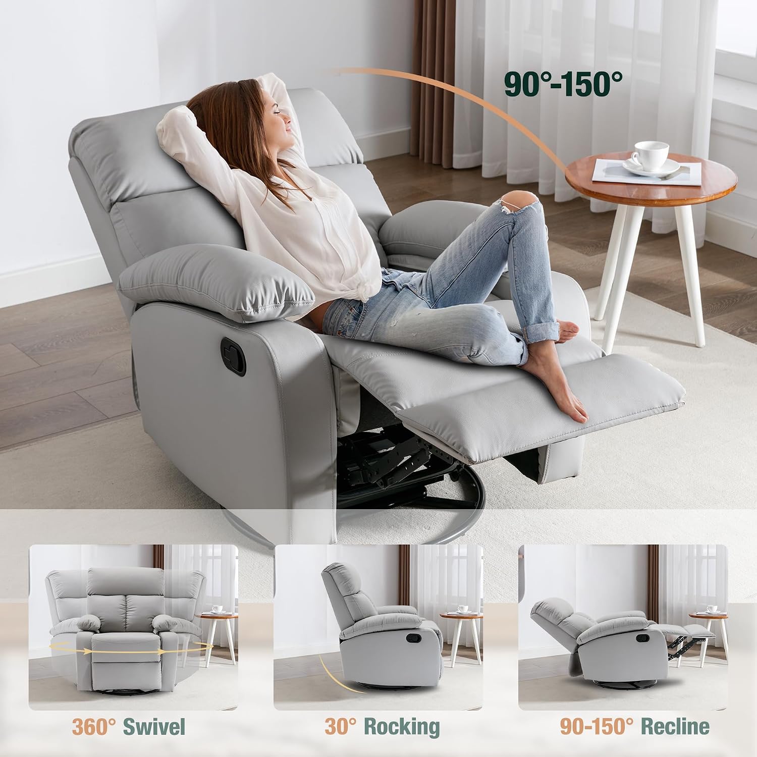 hzlagm Rocking Recliner Chair, Swivel Rocker Recliner, Glider Small Rocker Recliners for Small Spaces, Living Room, Bedroom, Nursery, RV, Grey