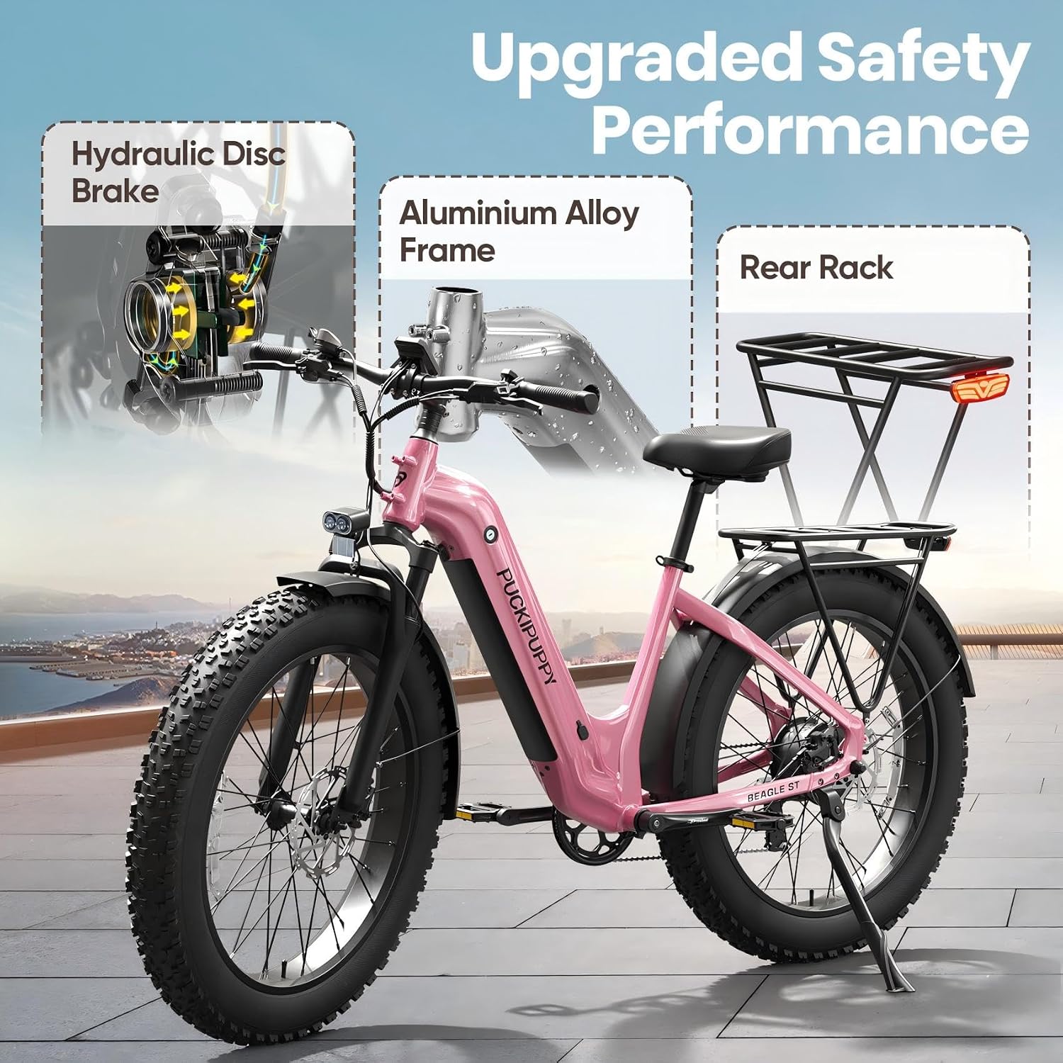 PUCKIPUPPY Electric Bike for Adults 500W, Step-Through Design, 26' Fat Tire Electric Mountain Hunting Bike, 48V 15AH Max 20MPH Off-Road Ebike with Rear Storage Shelf