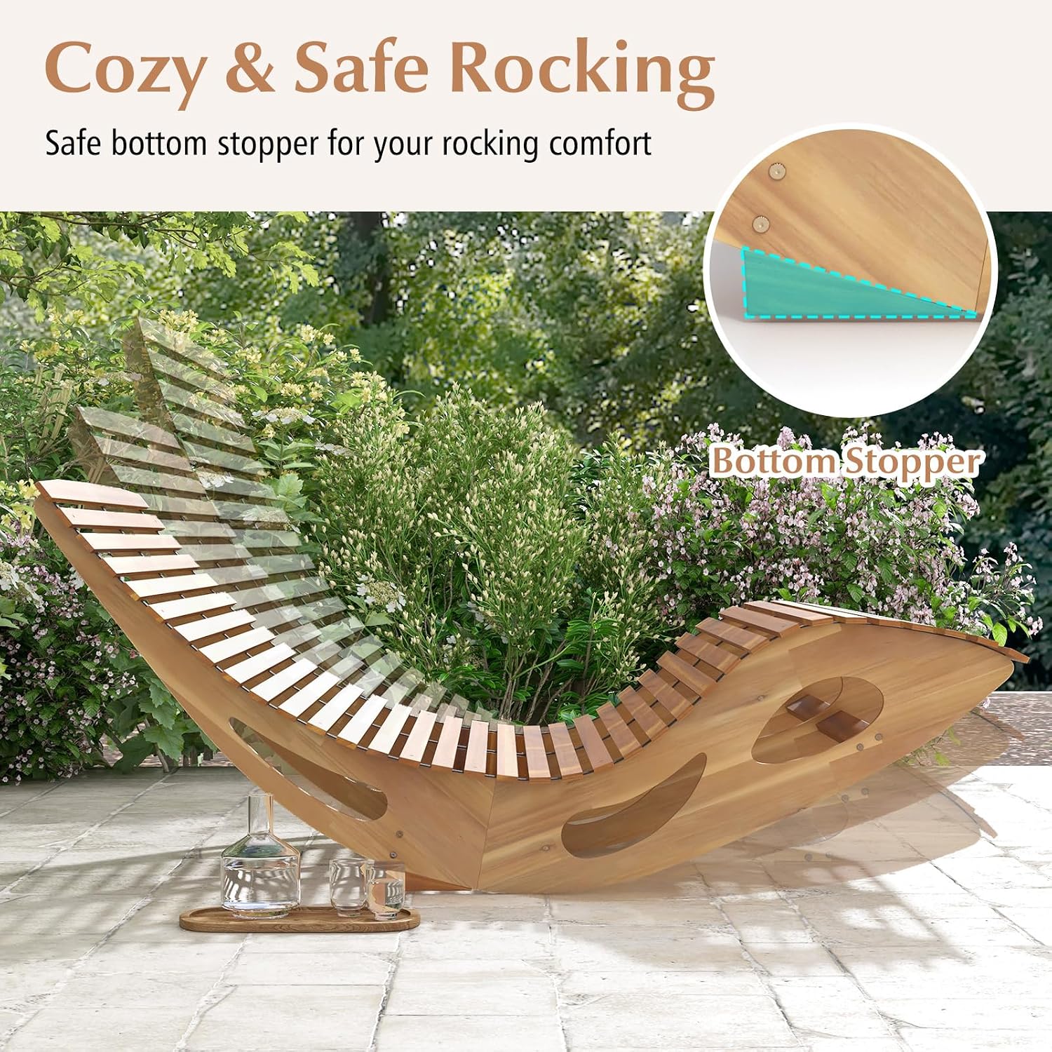 Giantex Extra-Large Dual Outdoor Rocking Chair, 2 Pack Acacia Wood Patio Lounge Chair with Ergonomic Curved & Slatted Seat, Bottom Stopper, 63'x47'x26' Lounger, 2-Person Loveseat, Rocker for Porch