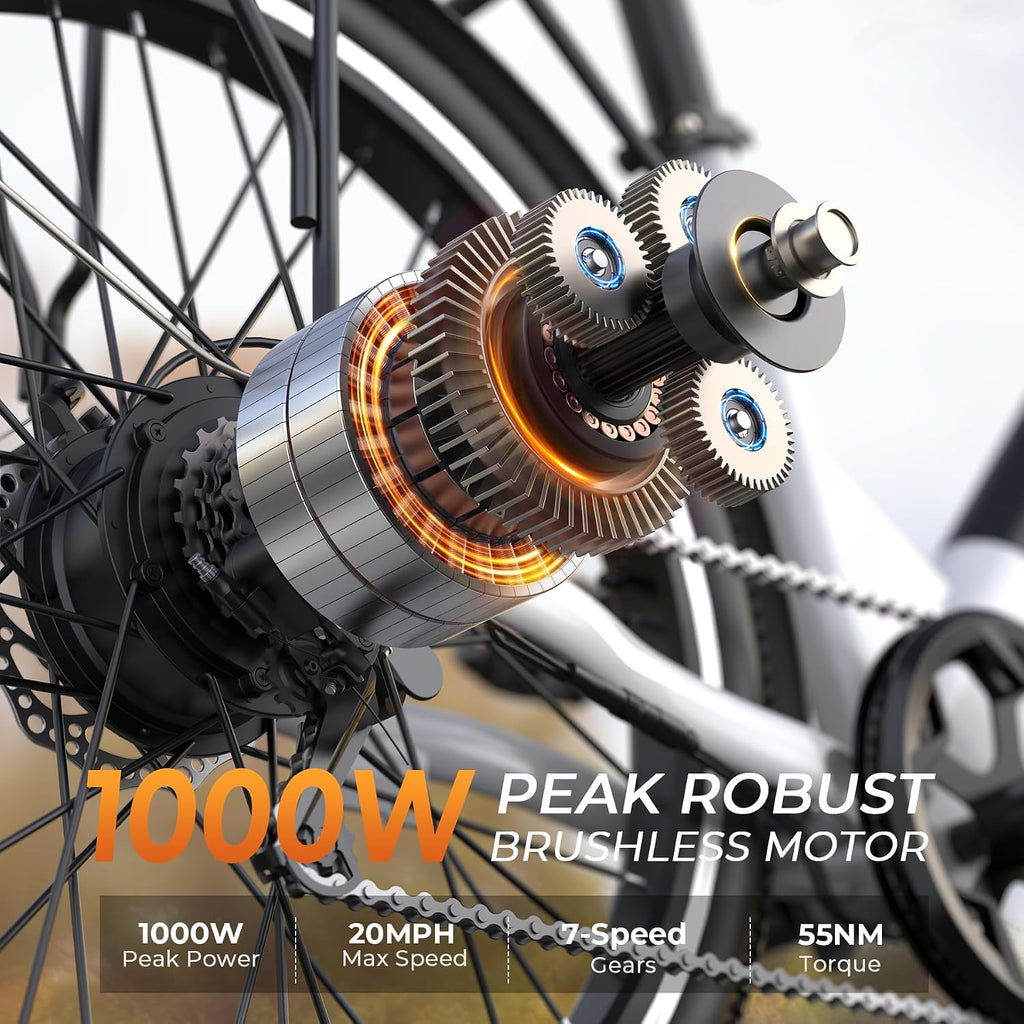 Electric Bike for Adults,26' Step-Thru EBike with 1000W Peak Motor,50 Miles 20MPH Adult Electric Bicycles with 48V Internal Removable Battery, Adjustable Stem,7 Speed,UL 2849 Certified