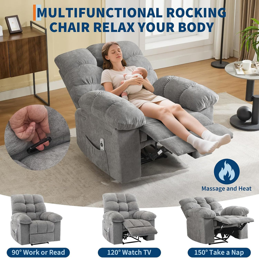 Garvee 21.4in Wide Recliner Chair,Massage & Heat Recliner Chair for Adults,Home Theater Seating with Lumbar Support,Ergonomic Breathable Fabric Nursery Rocking Chairs for Living Room