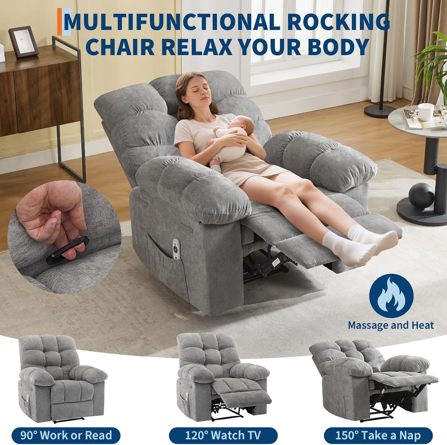 Garvee 21.4in Wide Recliner Chair,Massage & Heat Recliner Chair for Adults,Home Theater Seating with Lumbar Support,Ergonomic Breathable Fabric Nursery Rocking Chairs for Living Room