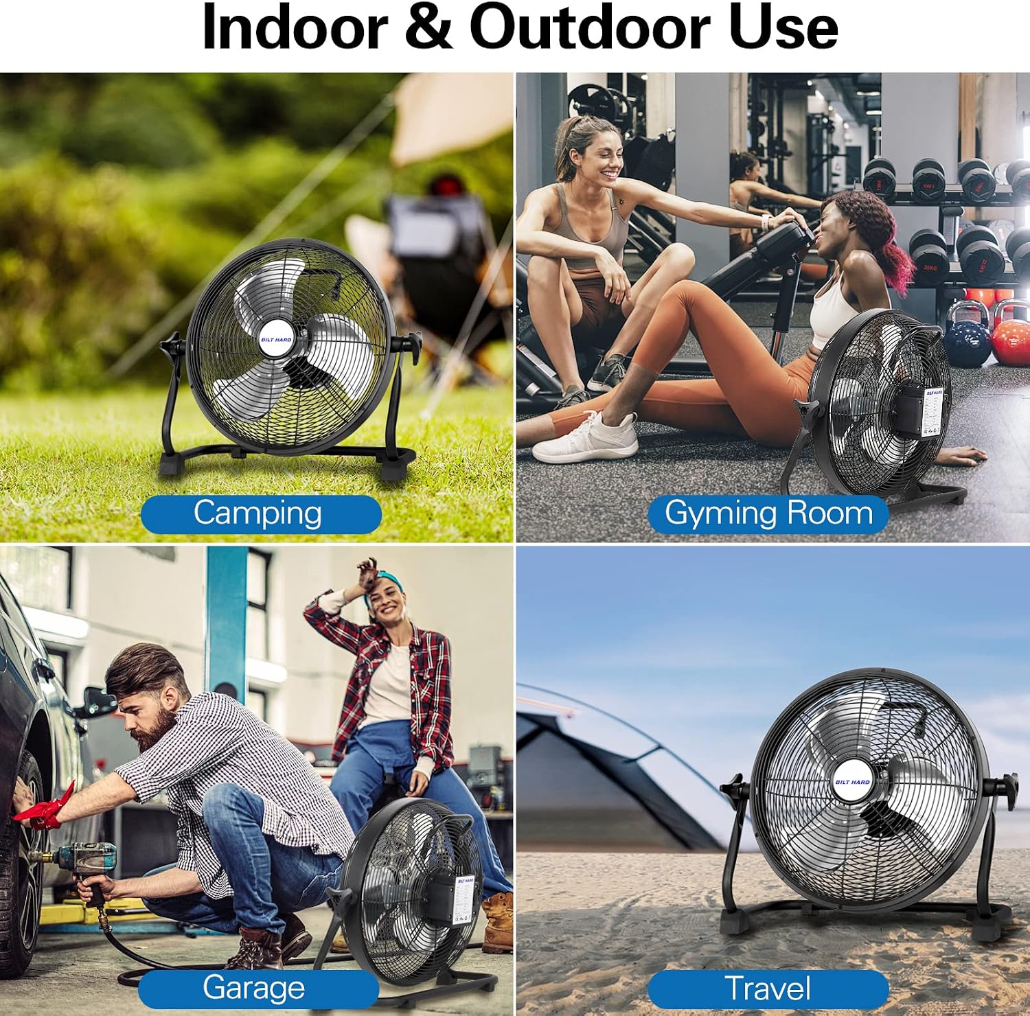 BILT HARD 16 Inch Rechargeable Battery Operated Outdoor Floor Fan, 15600mAh Battery Powered High Velocity Portable Fan with Metal Blade, USB Output for Travel, Camping, Backyard
