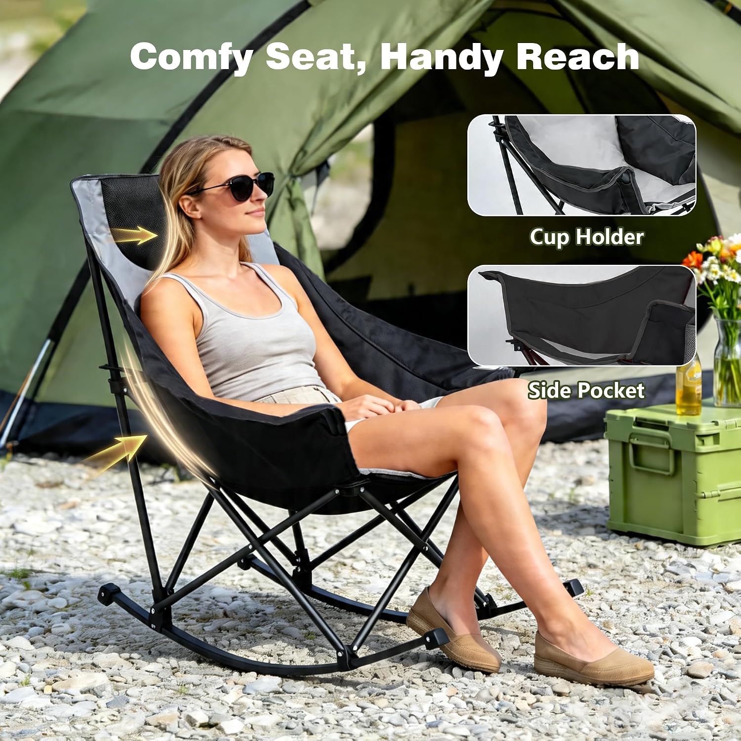 SUNNYFEEL Oversized Rocking Camping Chair 2 Pack, Fully Padded Patio Chair with Side Pocket, High Back Portable Lawn Recliner with Carry Bag, Outdoor Rocker Camp Chairs for Adults Heavy Duty 500 LBS