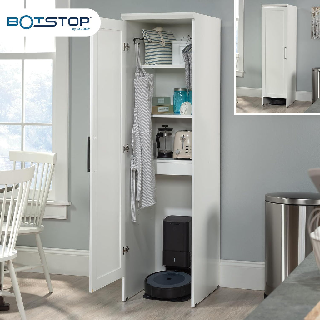 Sauder Homeplus Robot Vacuum Kitchen Pantry Storage Cabinet, Single Door with Adjustable Shelves, in Soft White