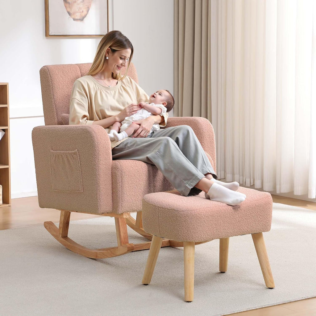 HCHAIRH Rocking Nursery Chair with Ottoman, Upholstered Glider Rocker with Side Pocket, Comfy Reading Chair with Solid Wood Legs for Nursery, Living Room,Bedroom, Coffee