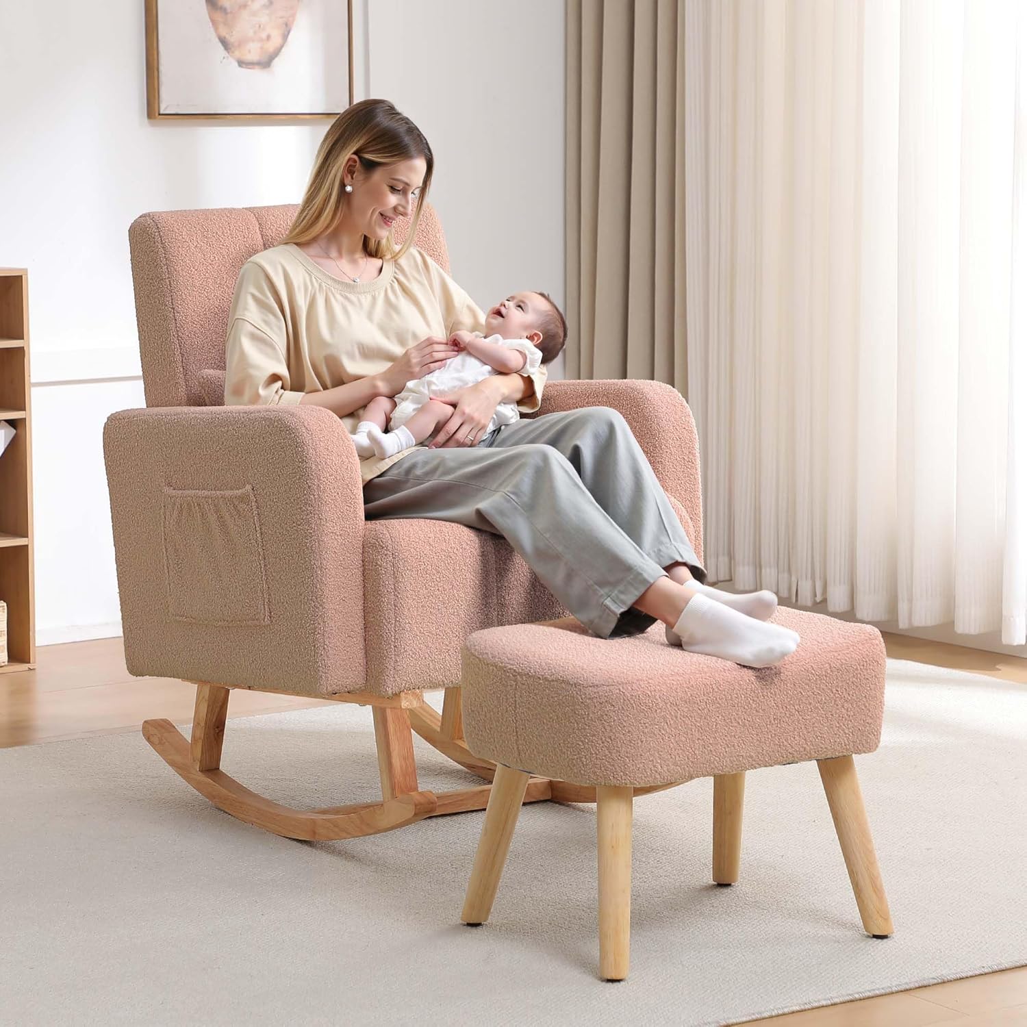 HCHAIRH Rocking Nursery Chair with Ottoman, Upholstered Glider Rocker with Side Pocket, Comfy Reading Chair with Solid Wood Legs for Nursery, Living Room,Bedroom, Coffee