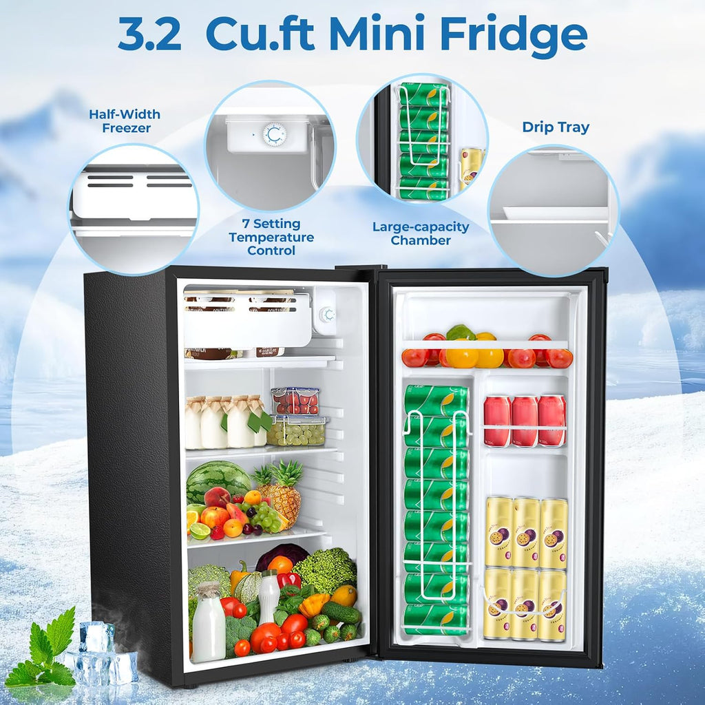 Electactic 3.2 Cu.ft Mini Fridge with Freezer, Compact Refrigerator with Reversible Single Door, Adjustable Thermostat, Low Noise, Energy Efficient for Office, Dorm, Bedroom, Apartment