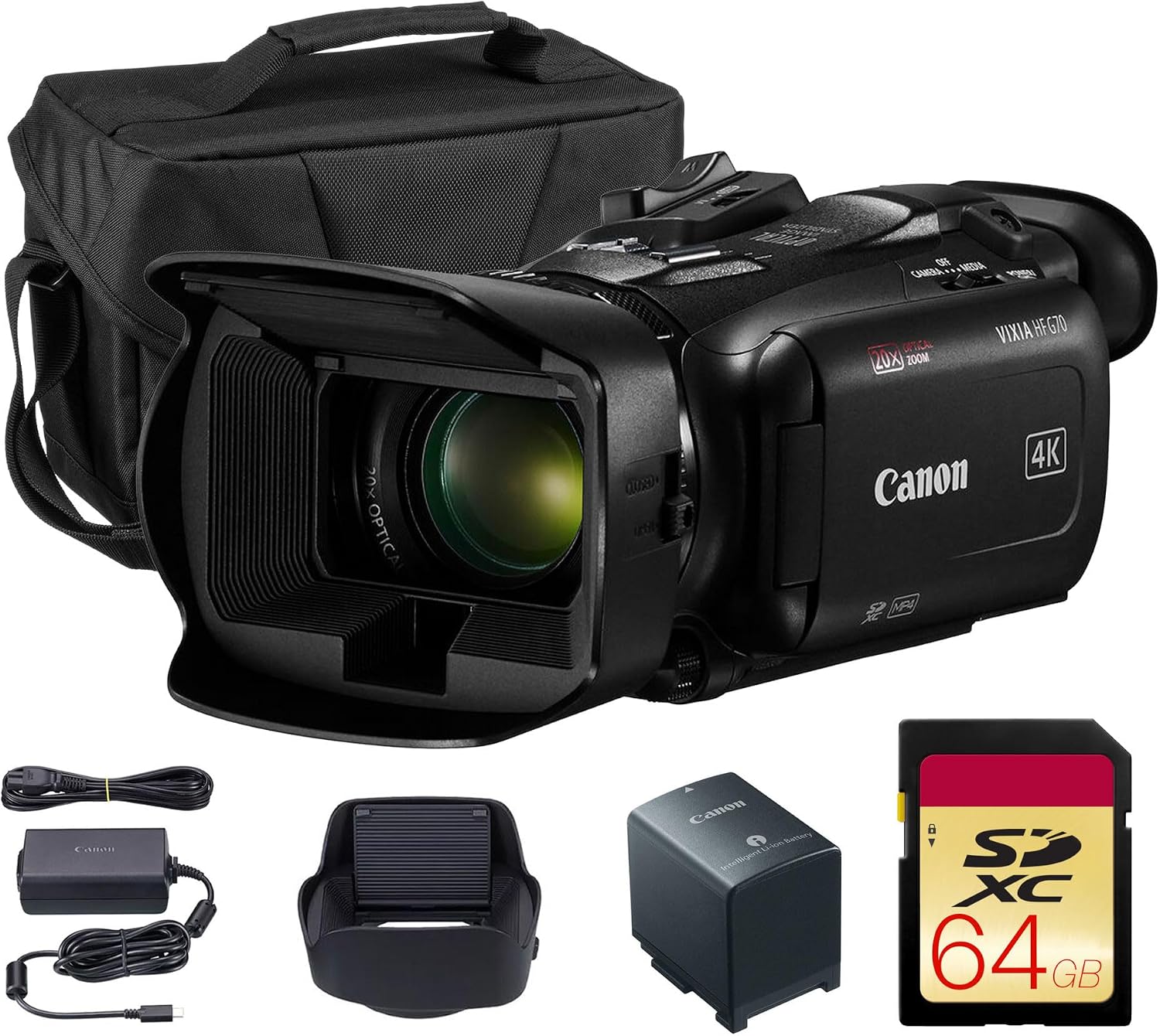 Canon VIXIA HF G70 4K Camcorder – UHD Video Camera with 20x Optical Zoom, 1/2.3' CMOS Sensor, Dual SD Slots & HDMI Output (5734C002) + Shoulder Bag + 64GB Memory Card
