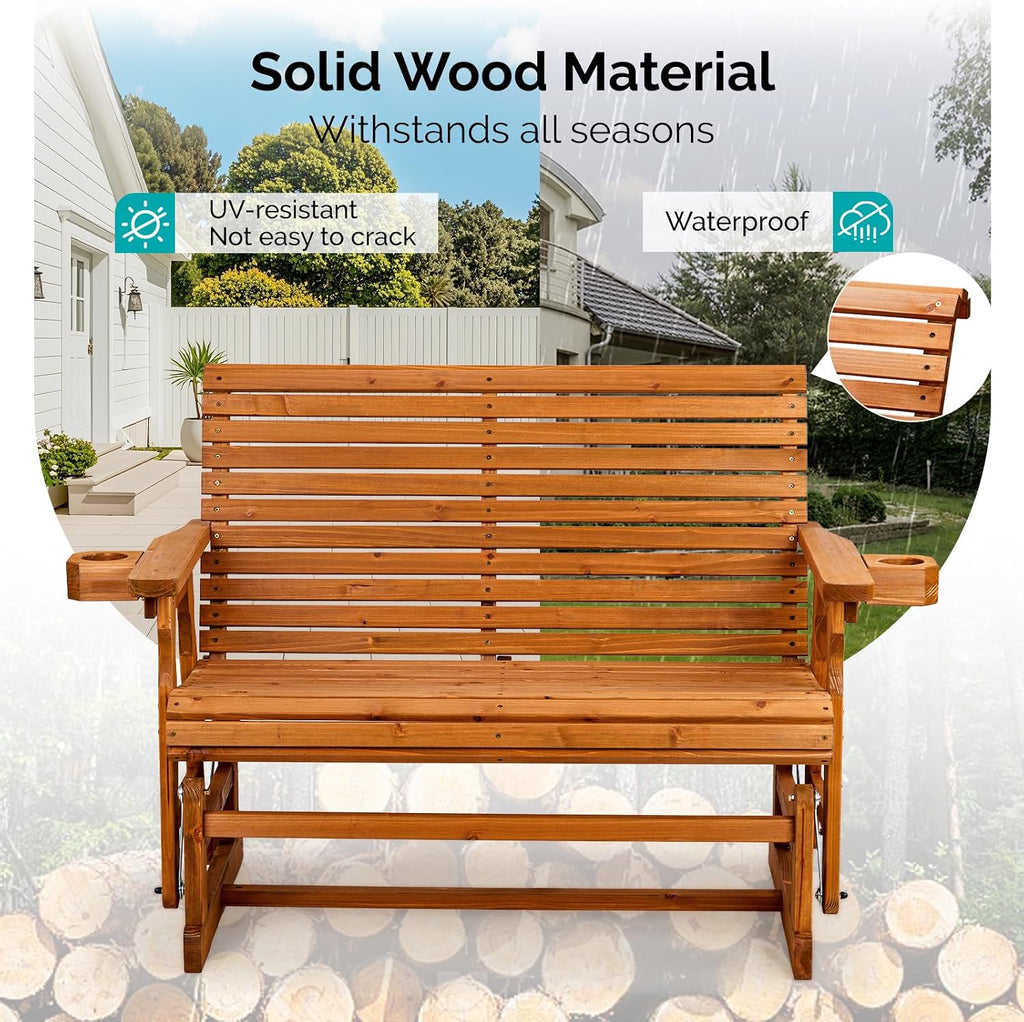 VINGLI Outdoor Glider Wood Patio Chair with Cup Holders, Outdoor Bench Glider Loveseat with Smooth Rocking Mechanism, Heavy Duty 800 LBS