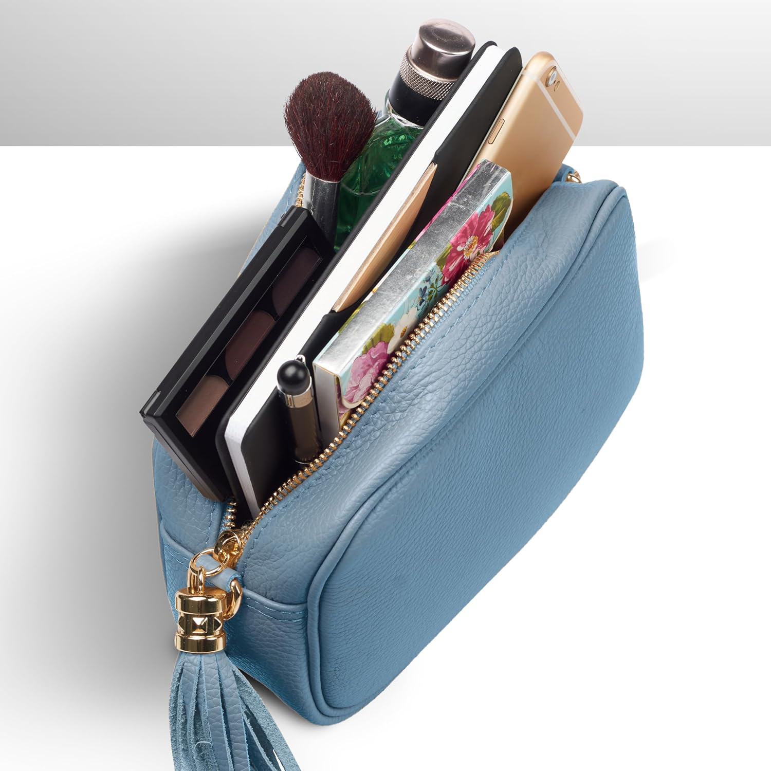 Italian Calf Leather Crossbody Bag for Women with Tassel Zipper | Small Camera Purse Shoulder Handbag Pocketbook