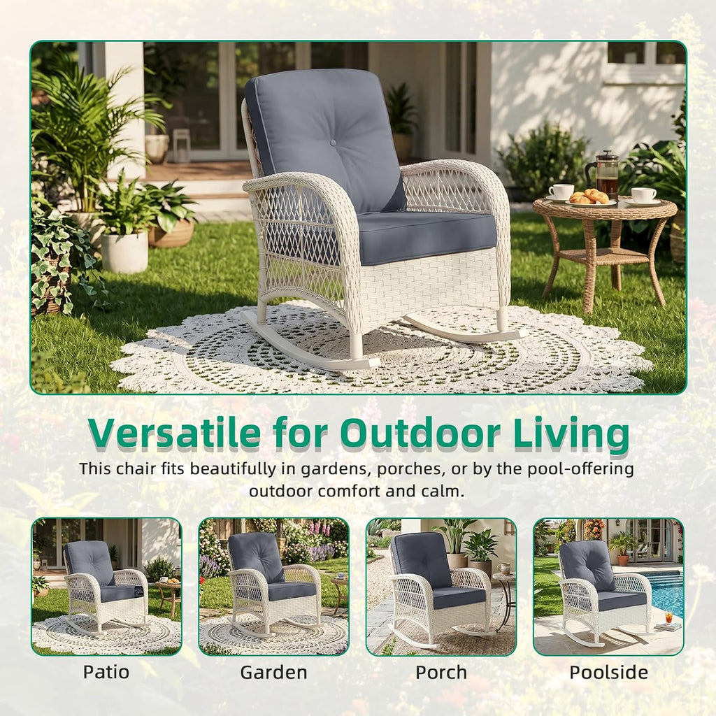 VIVIJASON Outdoor Wicker Rocking Chair, Patio Rattan Rocker Chair with Cushions & Steel Frame, All-Weather Rocking Lawn Furniture for Garden Backyard Porch, Cream White/Grey