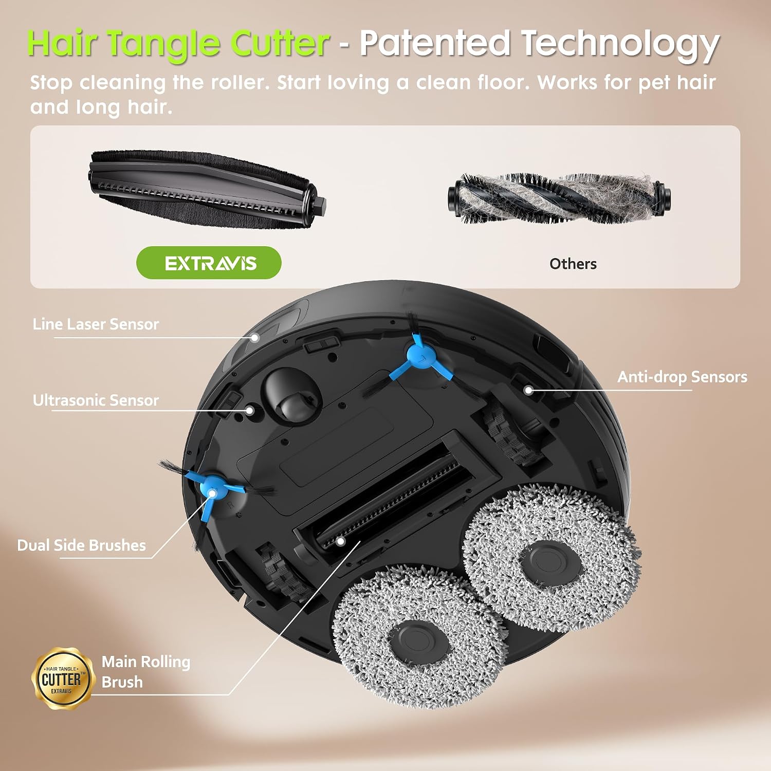 Robot Vacuum and Mop, Pet Hair Tangle-Free Cutter Technology, Max 10,000Pa Suction, Laser Navigation, Pet Laser, 75-Days Capacity, Carpet Lift Detection, APP ＆ Voice Control, Robotic Vacuums Cleaner