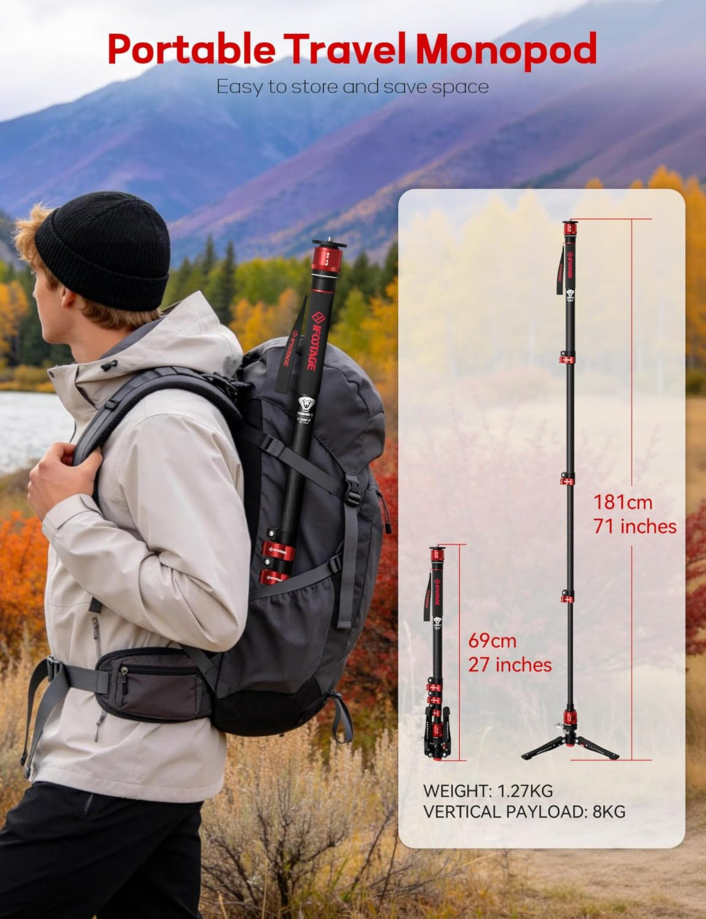 IFOOTAGE Monopod Cobra 3 C180F-P, 71' Monopod for Camera Carbon Fiber Travel Monopod with Feet, 1/4'' & 3/8'' Quick Release Compatible with Sony Canon Nikon DSLR Camera, Payload 17.6Lb
