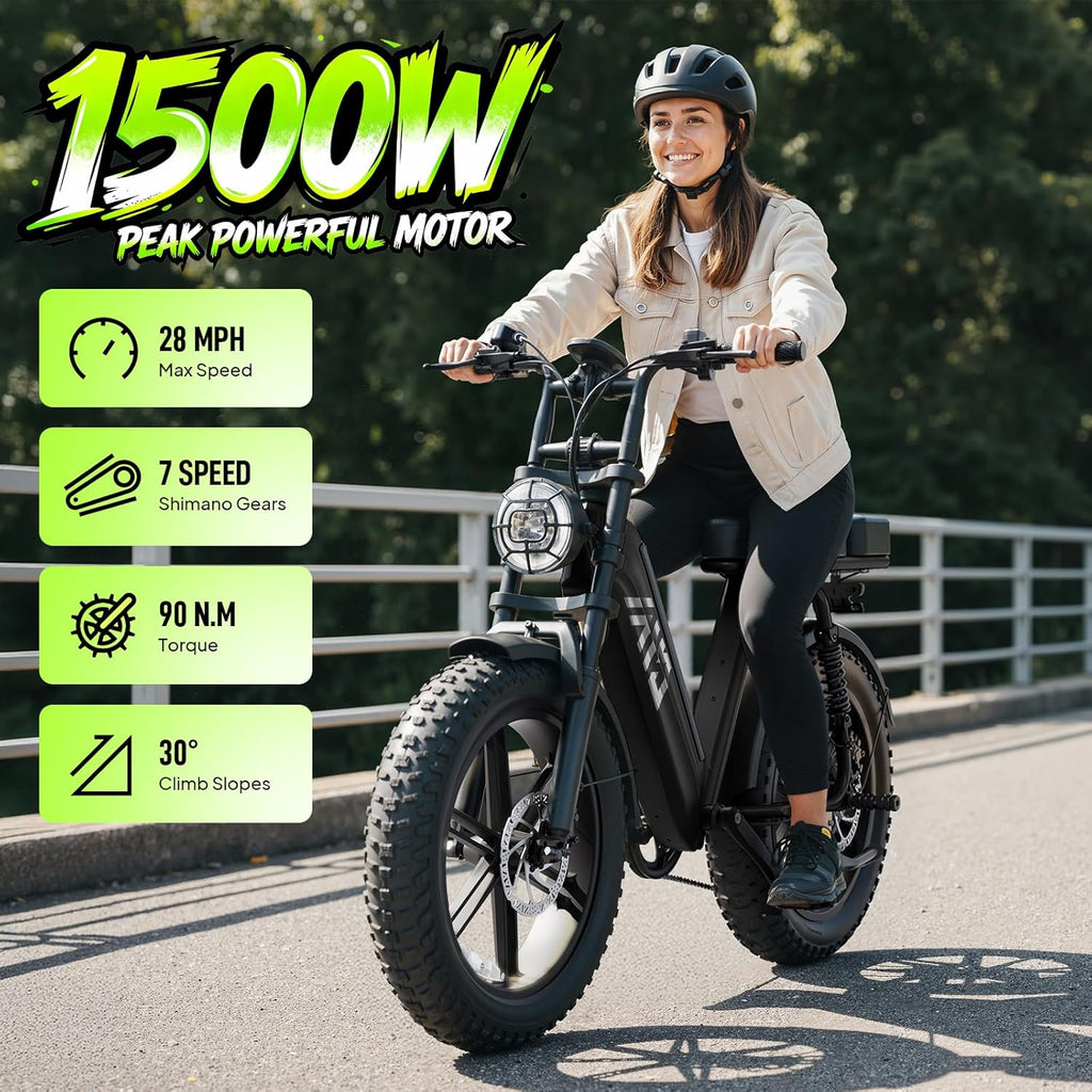 TST Electric Bike for Adults, 1500W Peak Motor 60 Miles Fat Tire Ebike with 48V 15Ah Removable Battery 20' Fat Tire Electric Bike, Full Suspension and 7-Speed