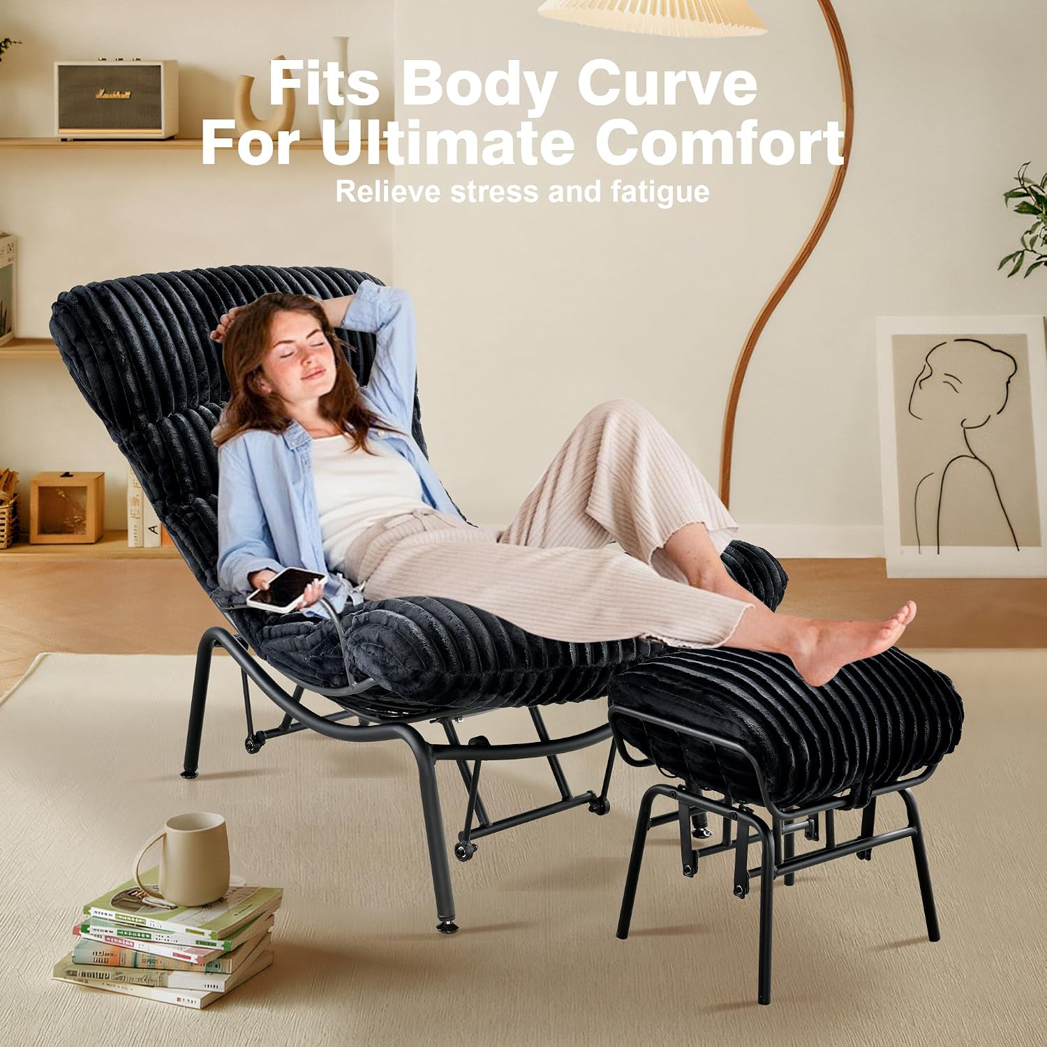 ovios Glider Rocking Chair with Ottoman, Mid-Century Modern Recliner Chair with Footrest, Comfy Gliding Rocker Lazy Accent Armchair for Living Room Bedroom, Cloud Plush Corduroy, Black