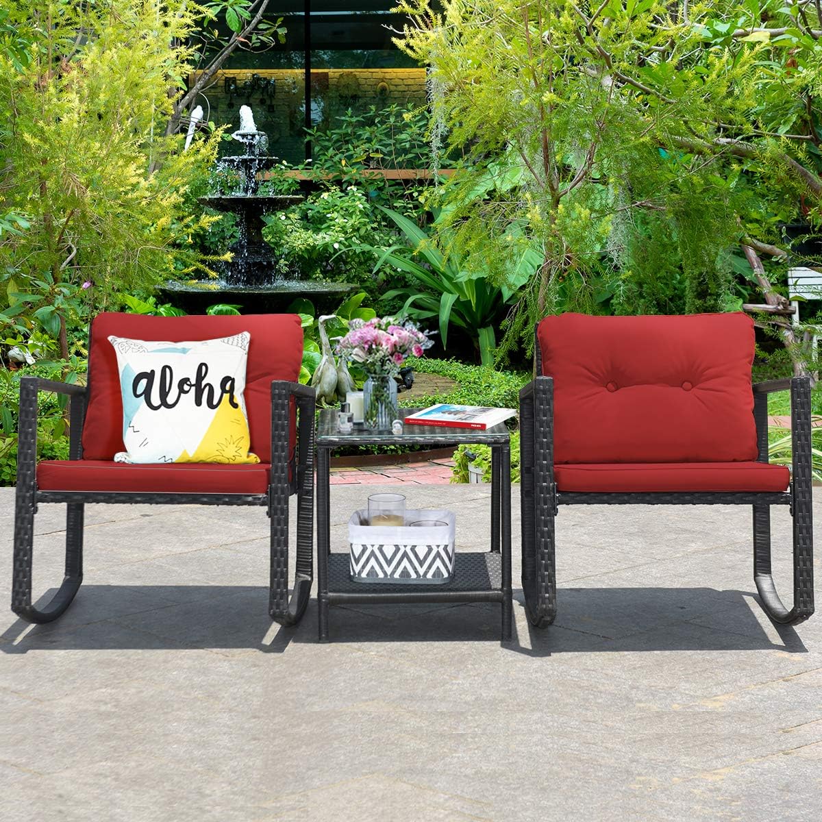 Tangkula 3 Pieces Patio Wicker Rocking Bistro Set, Outdoor Rocking Chair Furniture Set w/Cushioned Seat, Conversation Set w/Glass Coffee Table and Storage Shelf (Red)