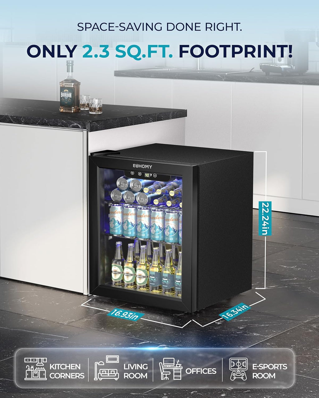 EUHOMY Beverage Refrigerator Cooler - 68 Can Mini Fridge with Glass Door for Soda, Beer, Wine, Small Refrigerator with Digital Temperature Control and Adjustable Shelves for Home Office Bar, 1.7 Cu.ft
