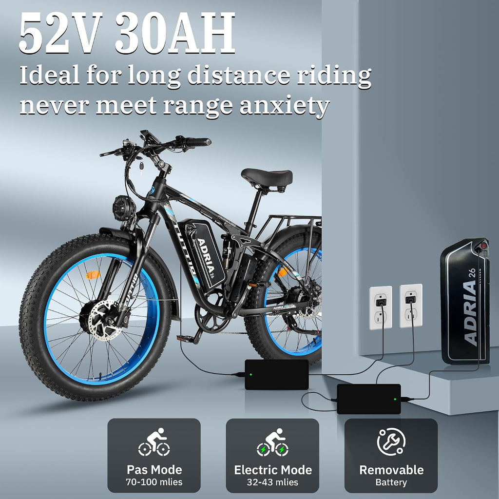 TUTTIO Adria26 5000W/6000W Dual Motor Ebike, 40-46MPH Electric Bike for Adults, 26' x 4' Fat Tire Electric Mountain Bike, 52V 25AH E-Bike Full Suspension Electric Dirt Bike for Off-Road Hunting