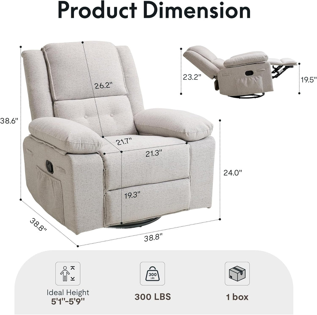 FLEXISPOT Swivel Rocker Recliner Chair for Adults, Massage Recliner Rocking Chair Nursery, 360° Swivel Nursery Glider for Living Room Bedroom, Light Grey(XRC2)