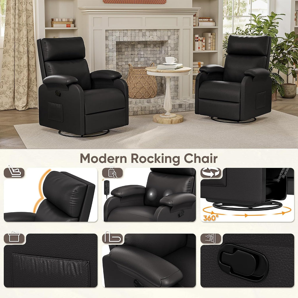 Homall Recliner Chair, 360 Swivel Rocking Chair for Adults, Massage Nursery Chair with Adjustable Backrest and Footrest, PU Leather Glider Rocker Recliners with Side Pocket for Living Room (Black)