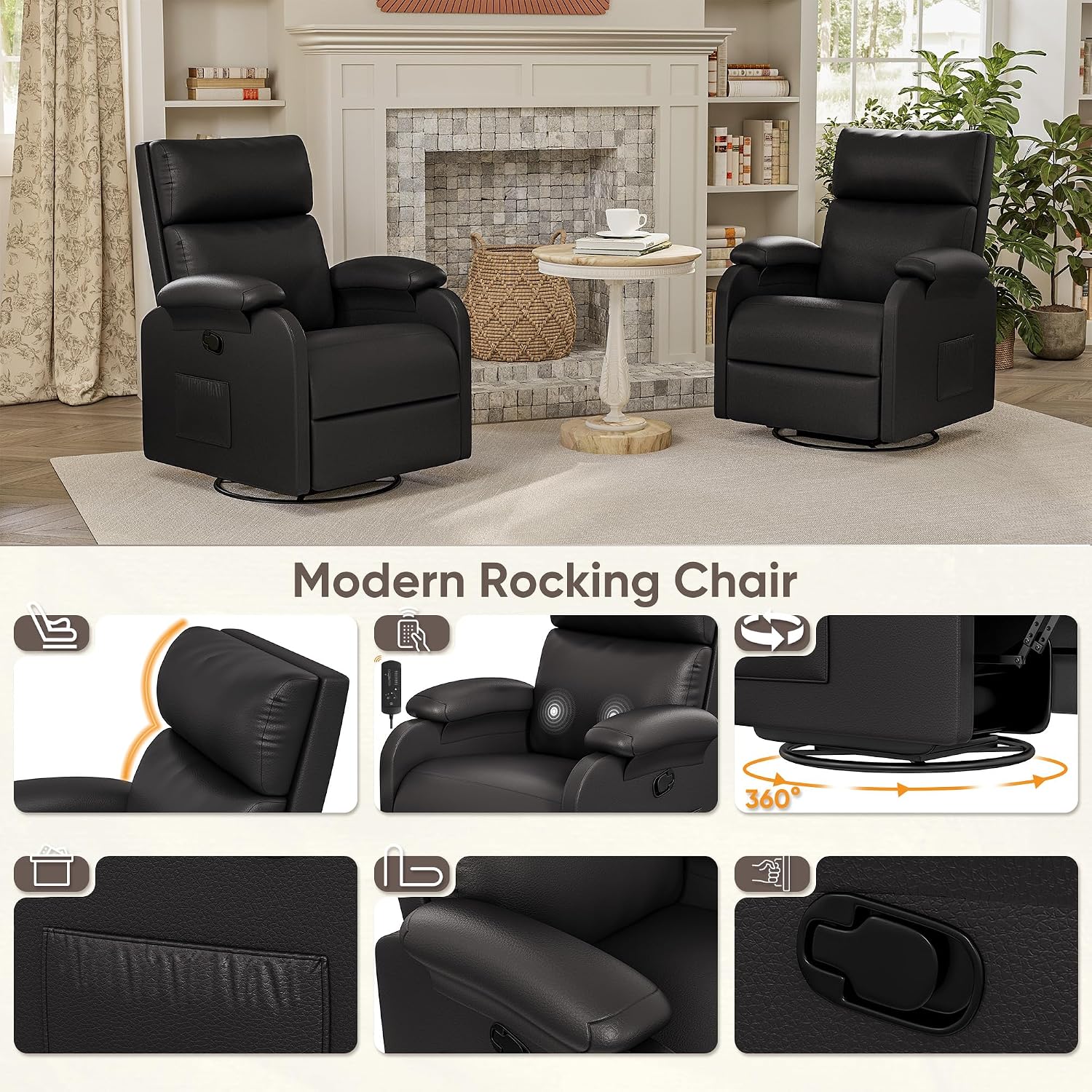 Homall Recliner Chair, 360 Swivel Rocking Chair for Adults, Massage Nursery Chair with Adjustable Backrest and Footrest, PU Leather Glider Rocker Recliners with Side Pocket for Living Room (Black)