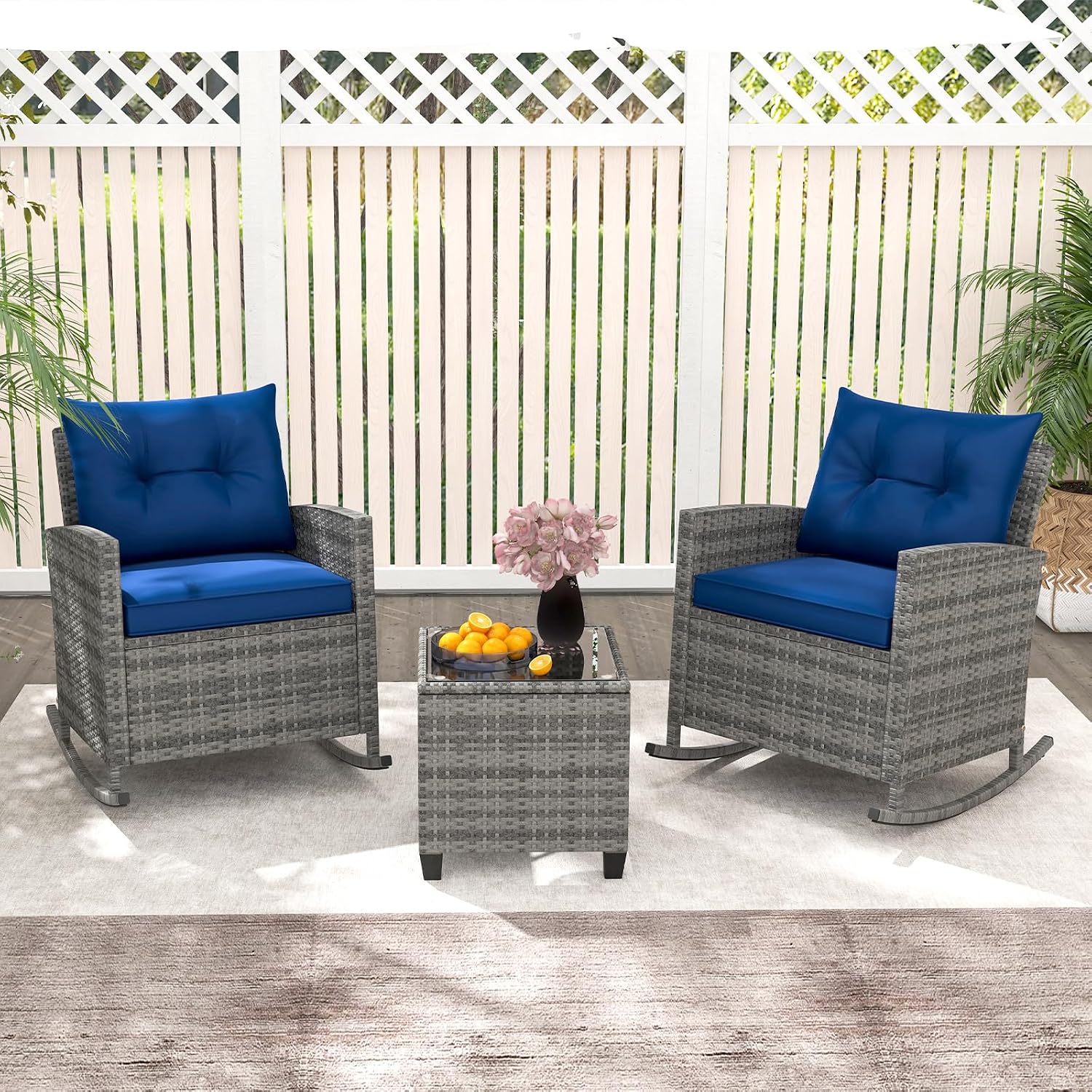 Tangkula 3 Piece Wicker Rocking Set, Patio Rattan Roker Chairs with Tempered Glass Table & Soft Cushions, Outdoor Furniture Set for Backyard, Poolside Porch (Mix Gray & Navy)