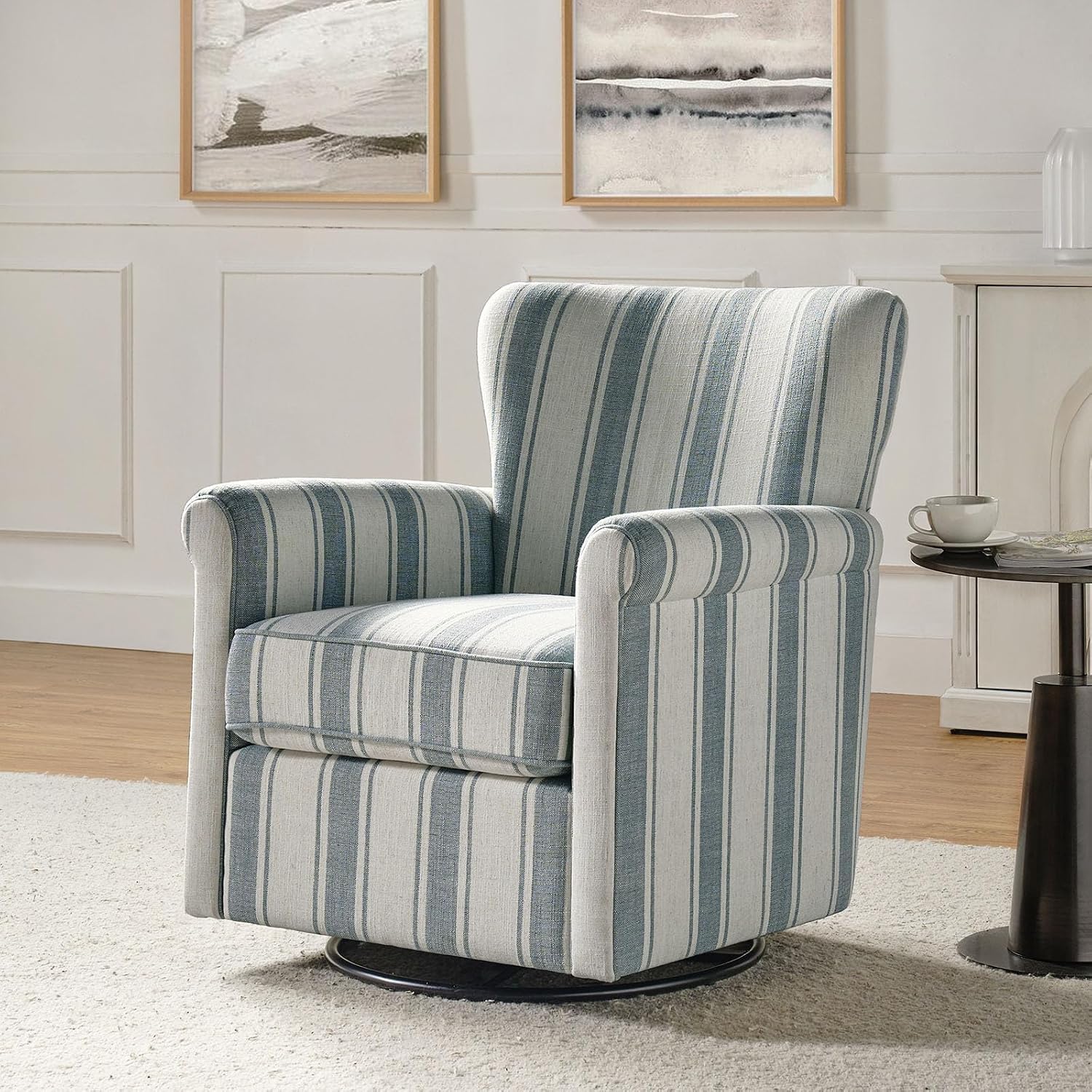 HULALA HOME Floral Fabric Swivel Rocking Chair, Swivel Rocker with Removable Backrest & Shakeable and Turntable Metal Base, Modern Single Sofa Chair for Living Room Nursery, Blue
