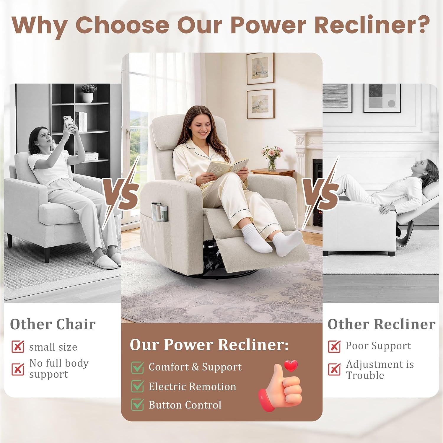 Korser Power Swivel Recliner Chairs for Adults, Electric Glider Rocking Chair Nursery, Glider Recliner Nursery Chair with Classified Side Pocket, Nursery Rocking Chairs with USB and Type-C Ports